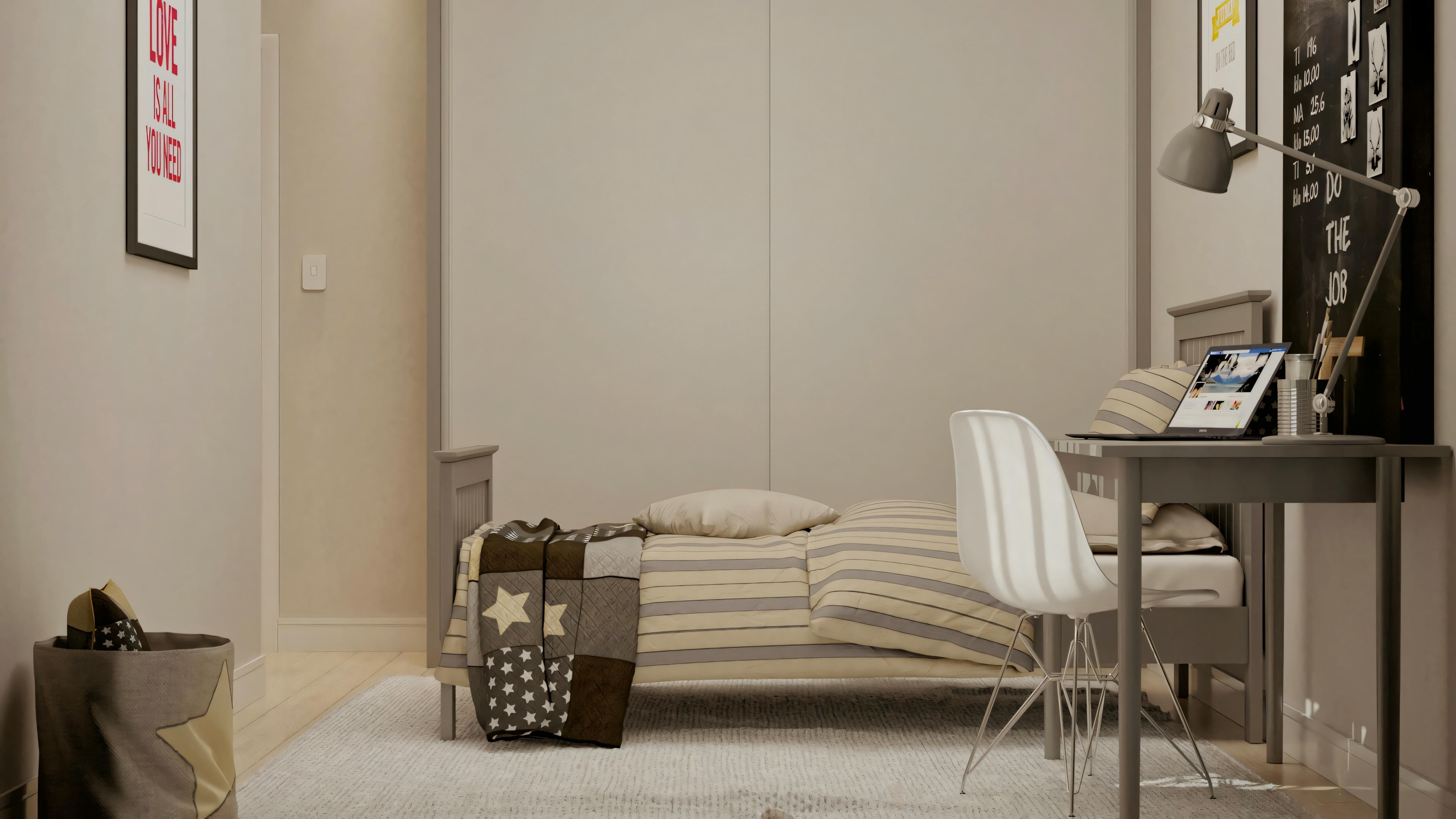 A bedroom with beige walls and a bed with white linens. There is a desk with a chair and some items on it, including what appears to be a laptop.