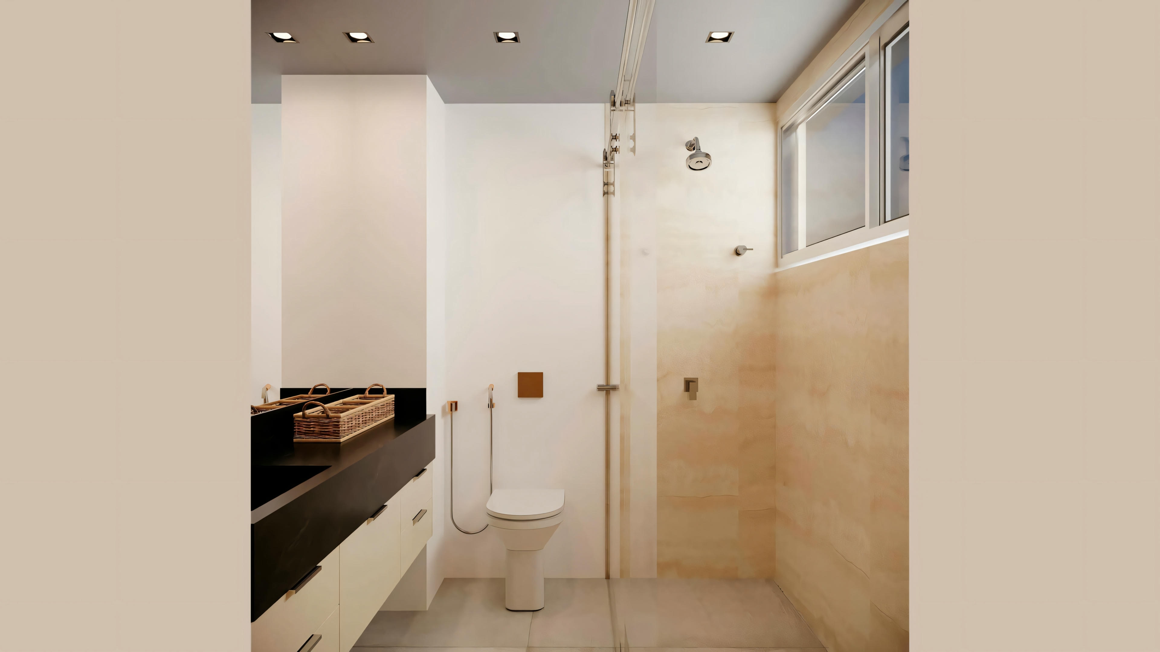 A bathroom with beige tiles, a black countertop with a sink, a mirror above, and a toilet to the right. There is a shower area with glass doors in the background.