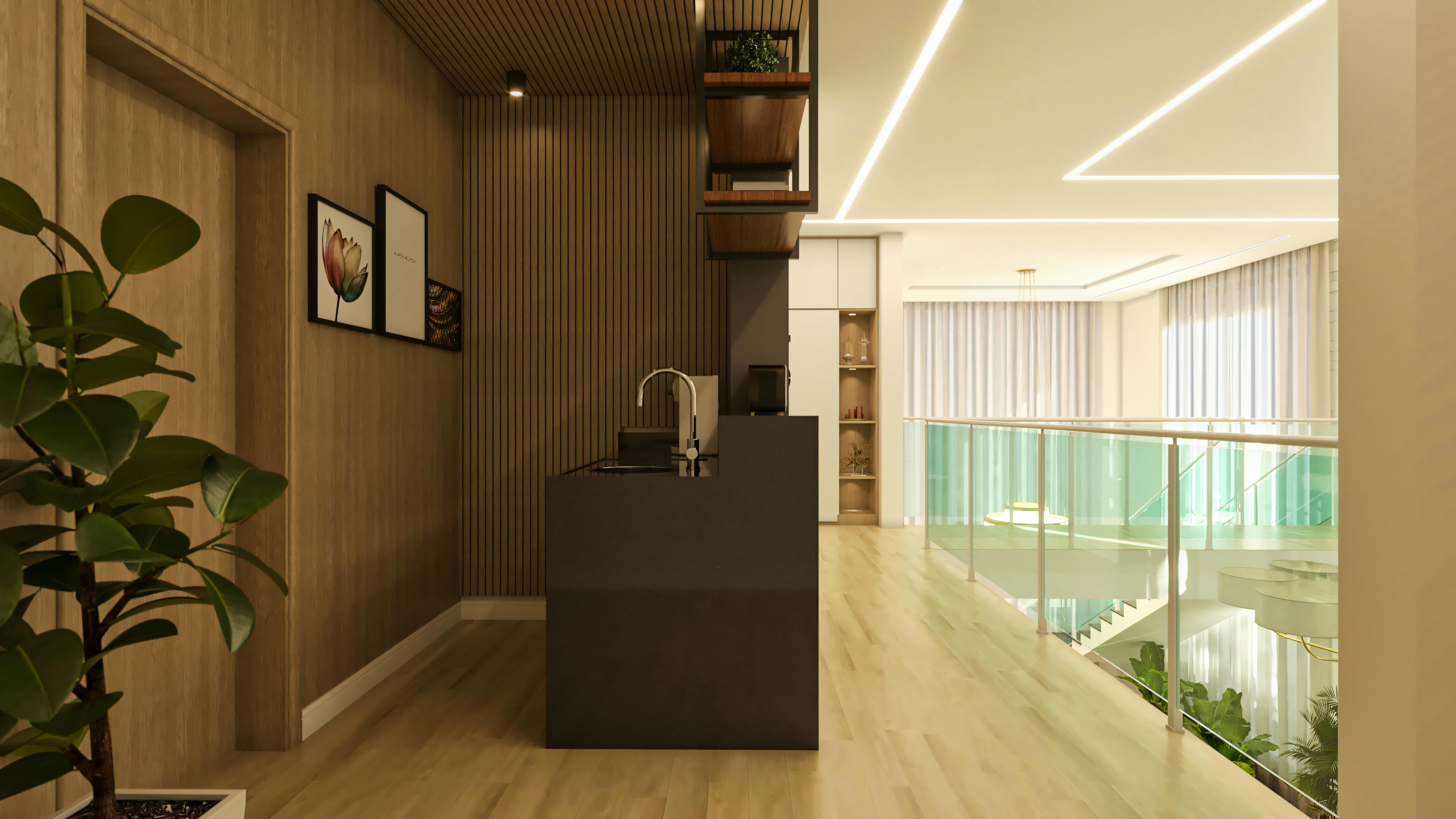 Despensa de apoyo en el piso superior de casa de alto estándar con 5 suites, con mostrador oscuro y fregadero, panel de madera listonada. Vista hacia el hall principal con piso de madera y barandal de vidrio del altillo.