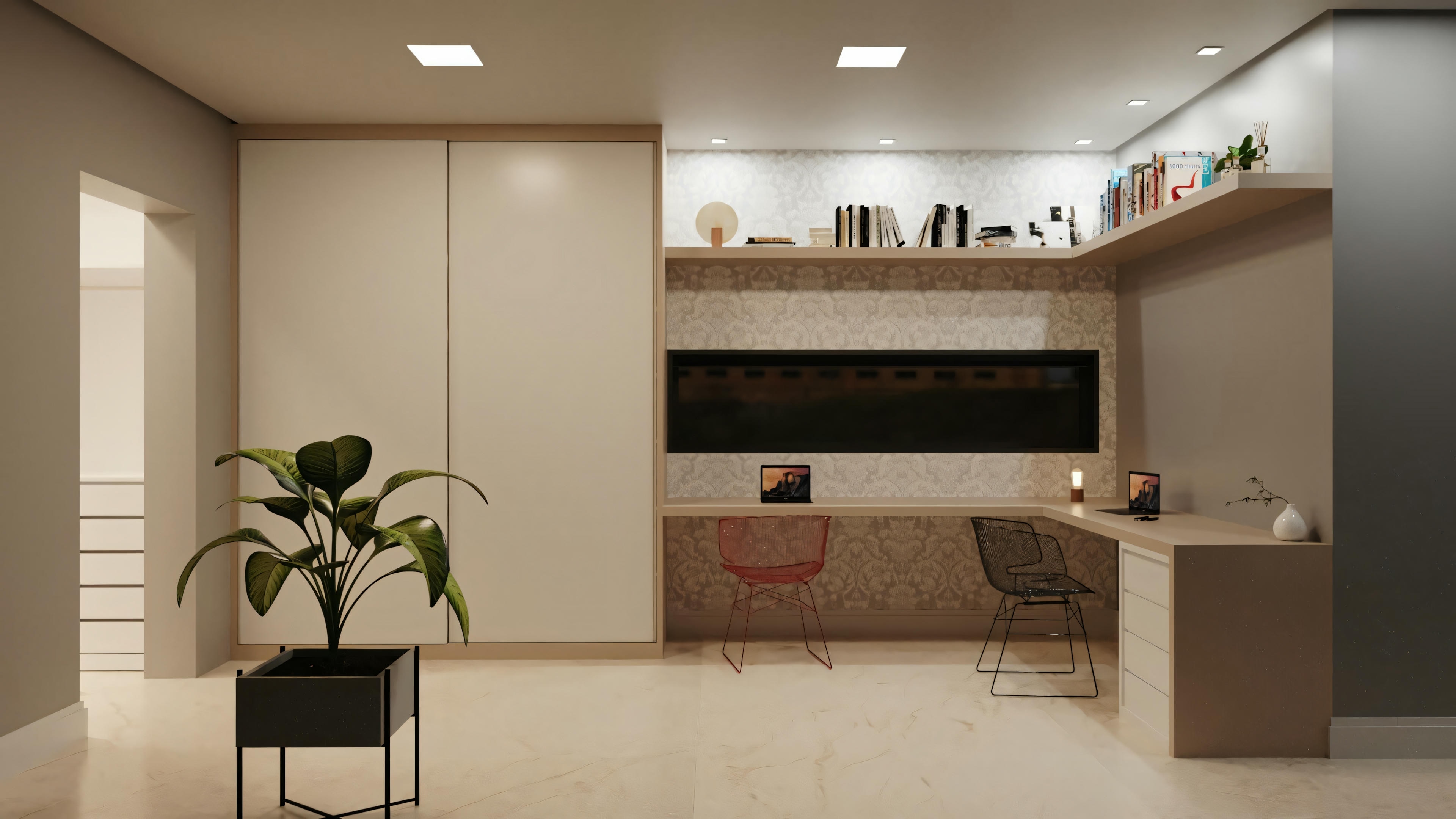 Cocina moderna con diseño limpio y minimalista, presentando electrodomésticos empotrados, gabinetes blancos y una isla central con asientos.