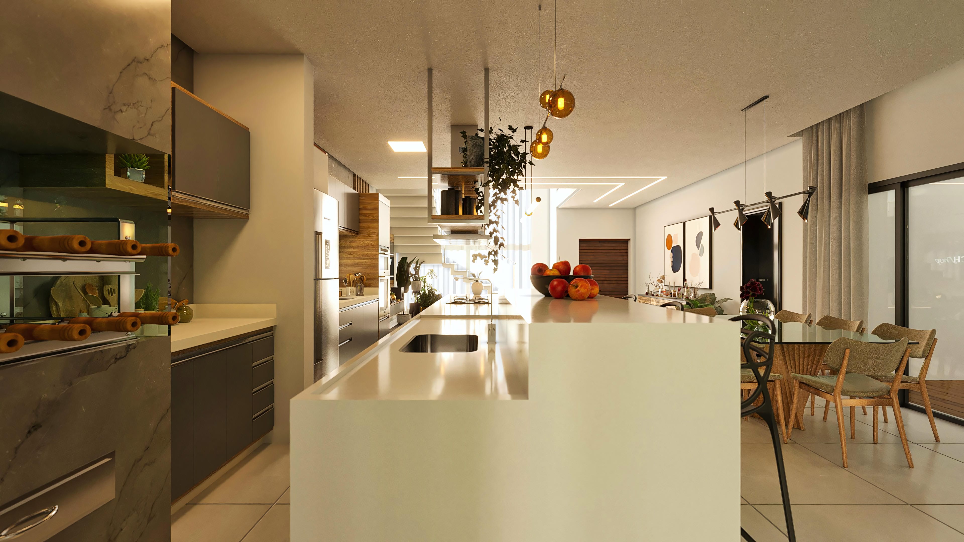 Interior de casa moderna con cocina gourmet con isla central en cuarzo, armarios a medida y electrodomésticos empotrados, integrada al comedor con mesa de madera y sillas.