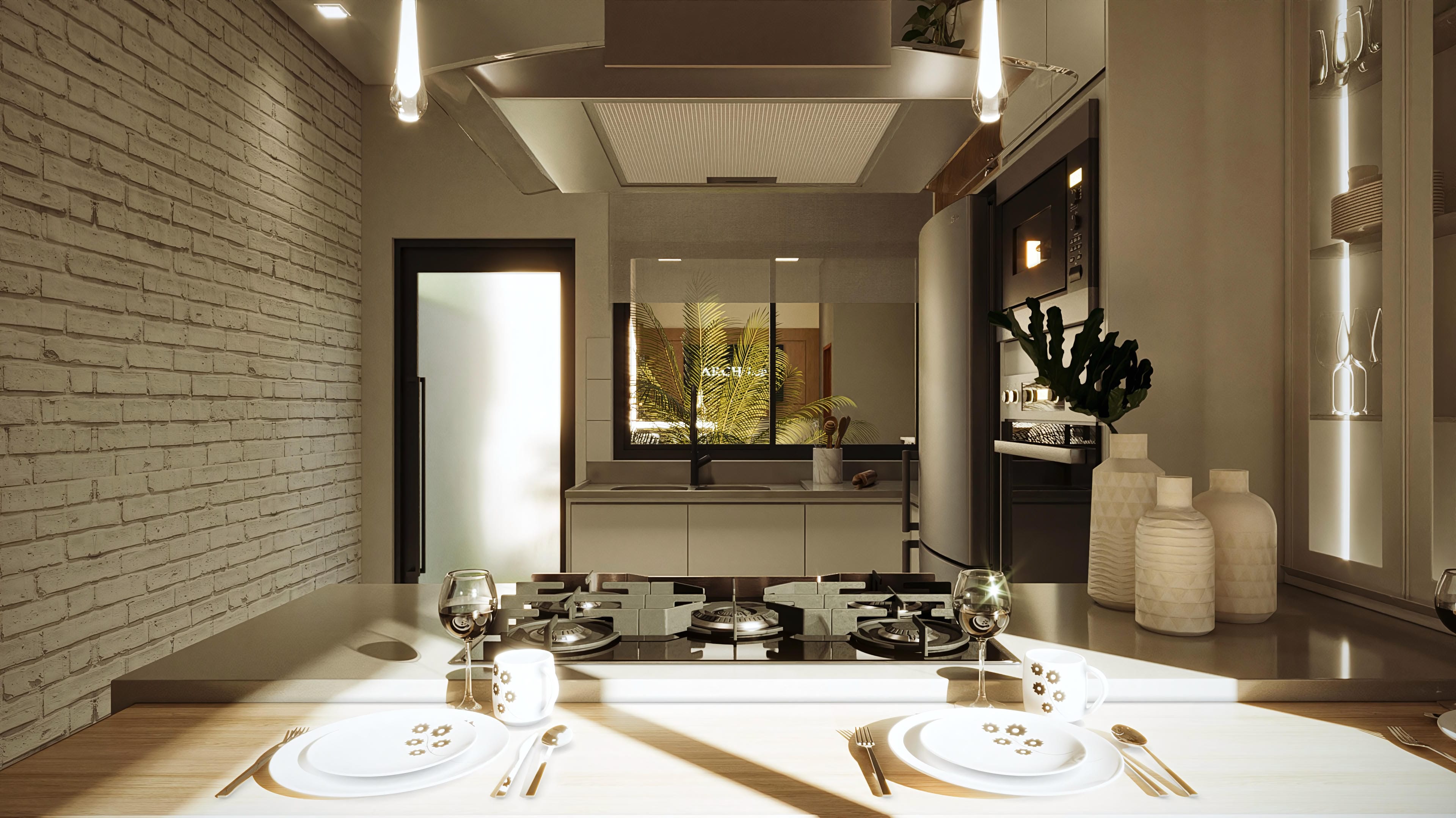 Cocina moderna con acabado en ladrillo visto claro, encimera de cuarzo, placa de cocción empotrada e isla central. Incluye detalle del área gourmet con ventanales y vegetación de fondo.