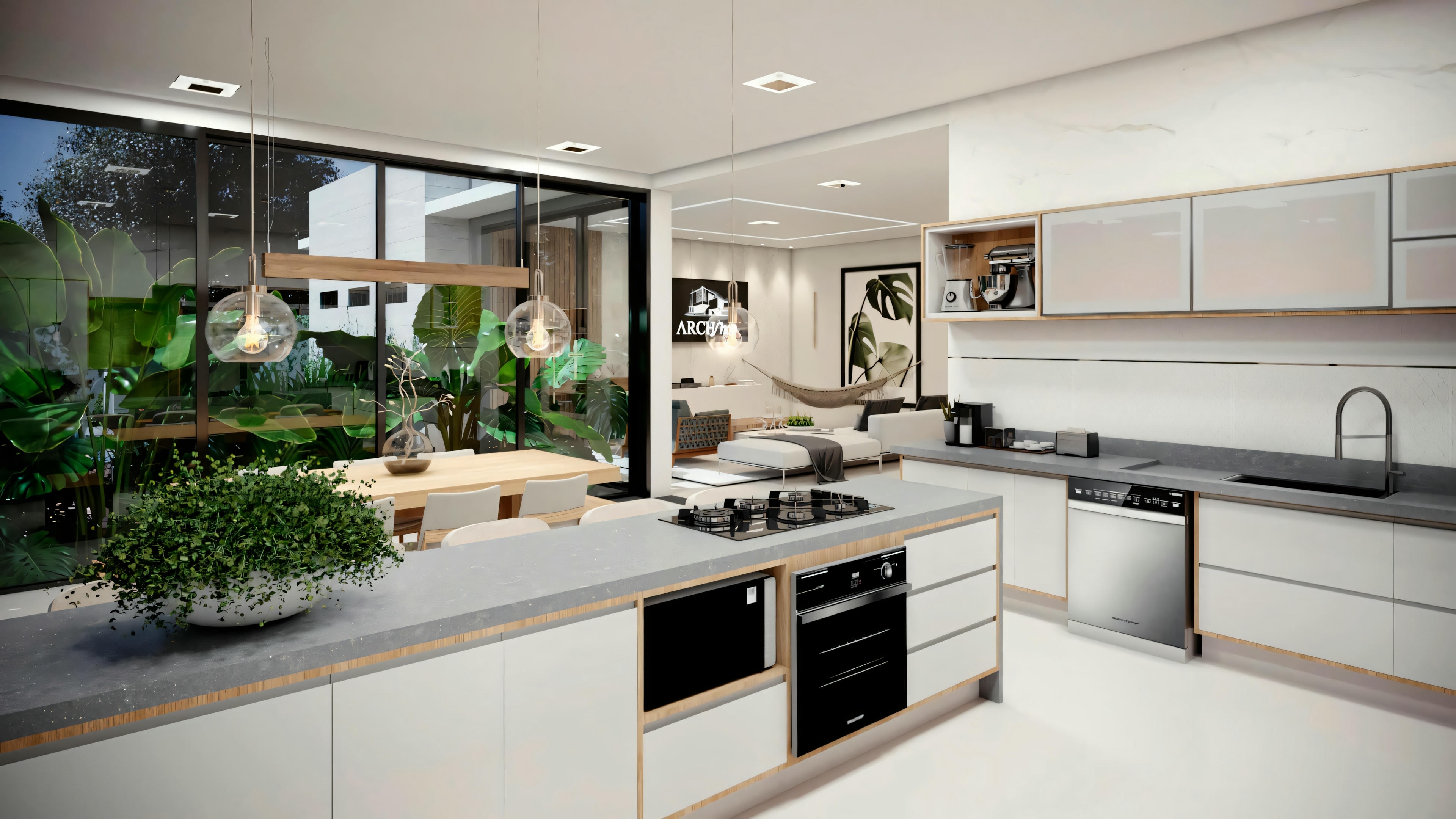 Una cocina moderna con isla central, armarios blancos, encimeras negras y lámparas colgantes sobre la isla.