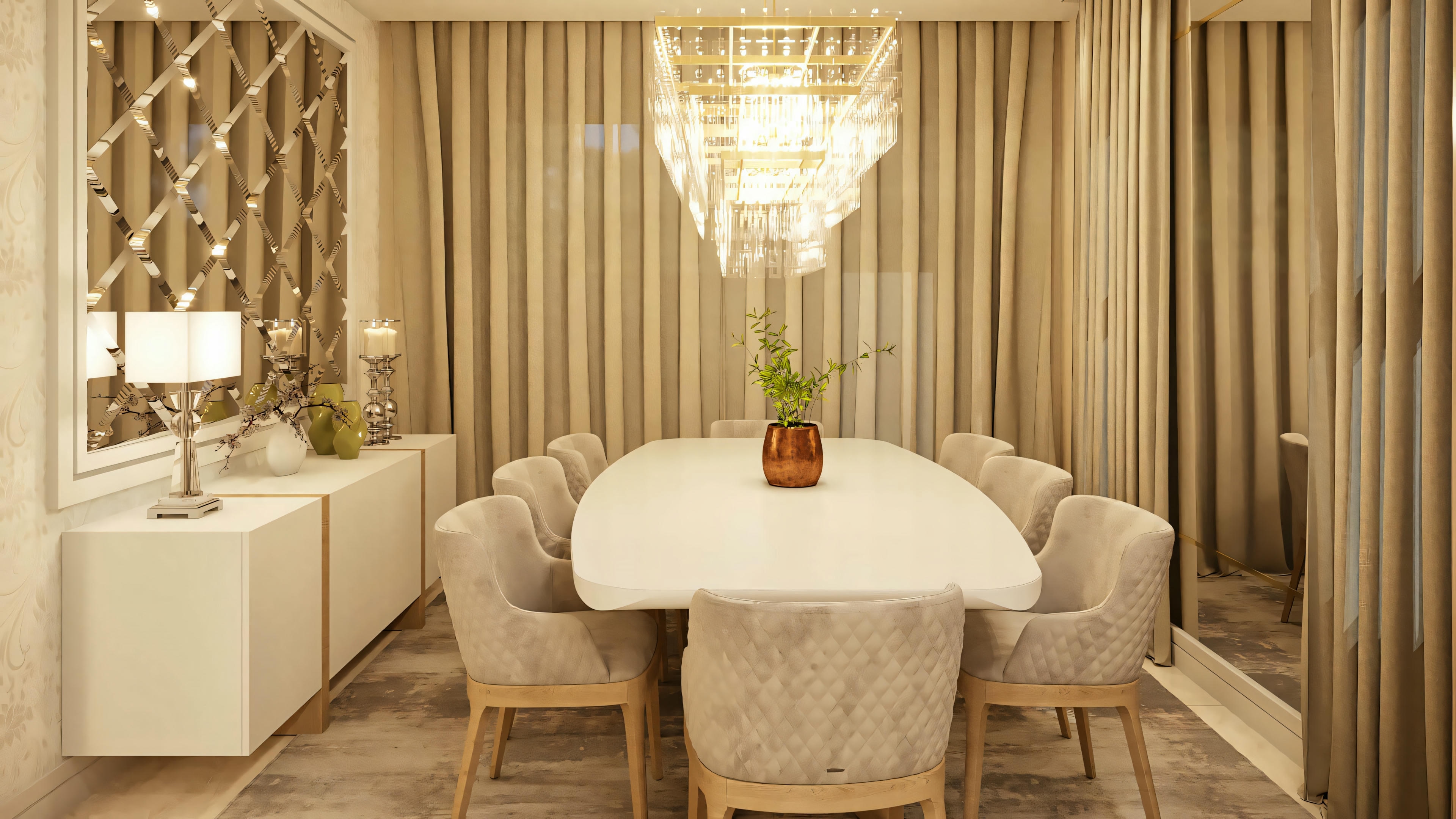 Smaller dining area with a round table, four upholstered chairs, and an ornate mirror on the wall.