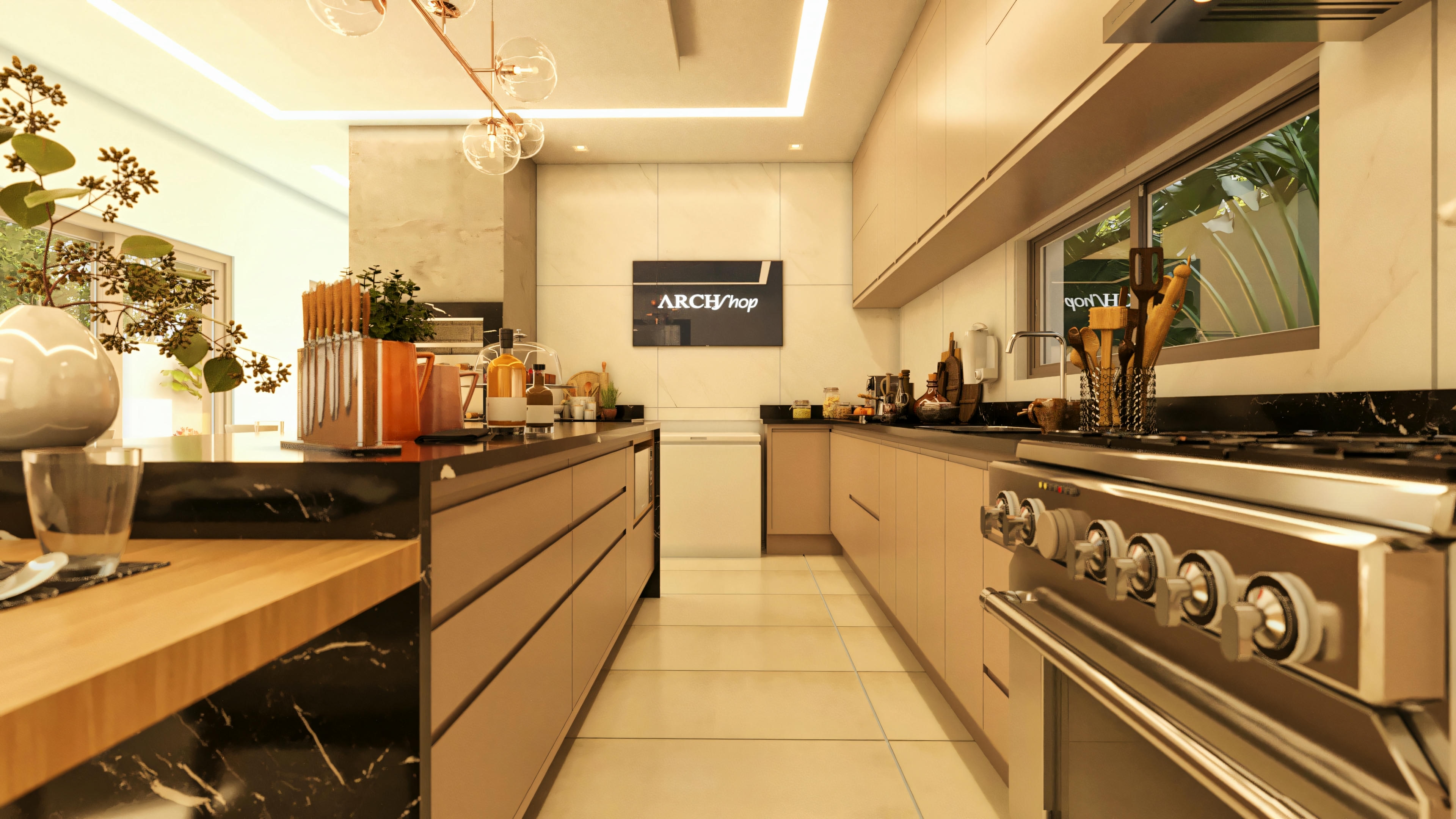 Una cocina moderna con acabados contemporáneos y electrodomésticos empotrados.
