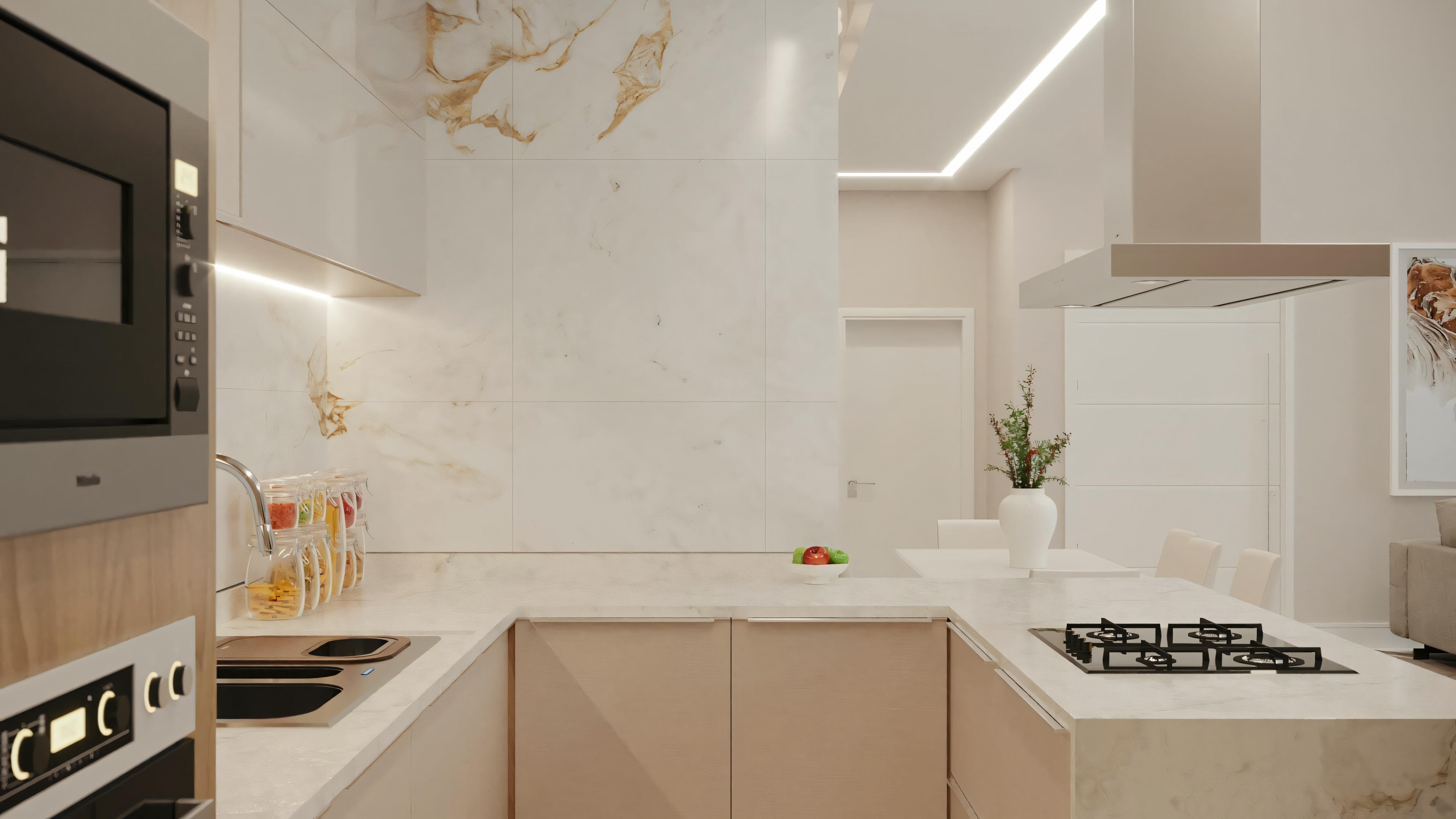 Cozinha moderna com eletrodomésticos e ilha central.