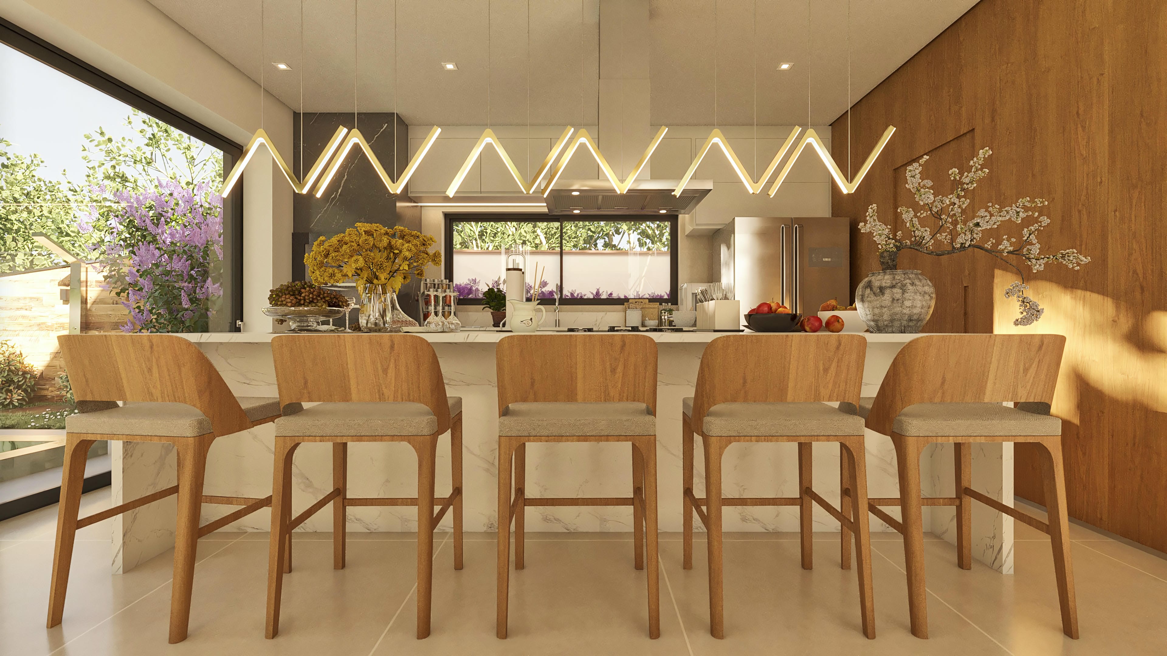 Interior de cozinha moderna com ilha central em mármore, bancada com banquetas de madeira e iluminação pendente triangular. Paredes com acabamento amadeirado e detalhes em mármore.