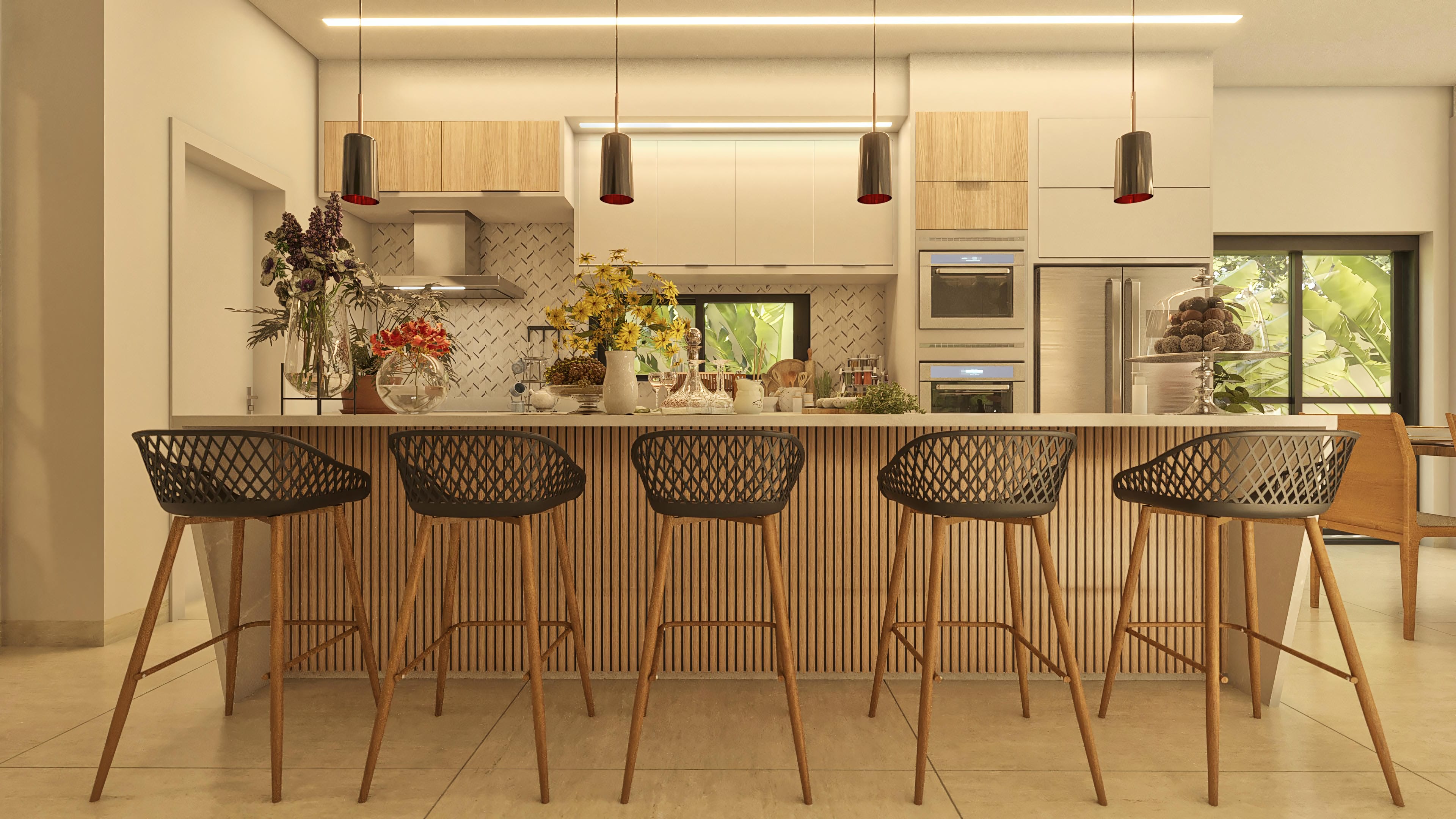 Detalhe da cozinha com bancada em concreto aparente, armários em madeira clara e pretos, e banquetas de design.