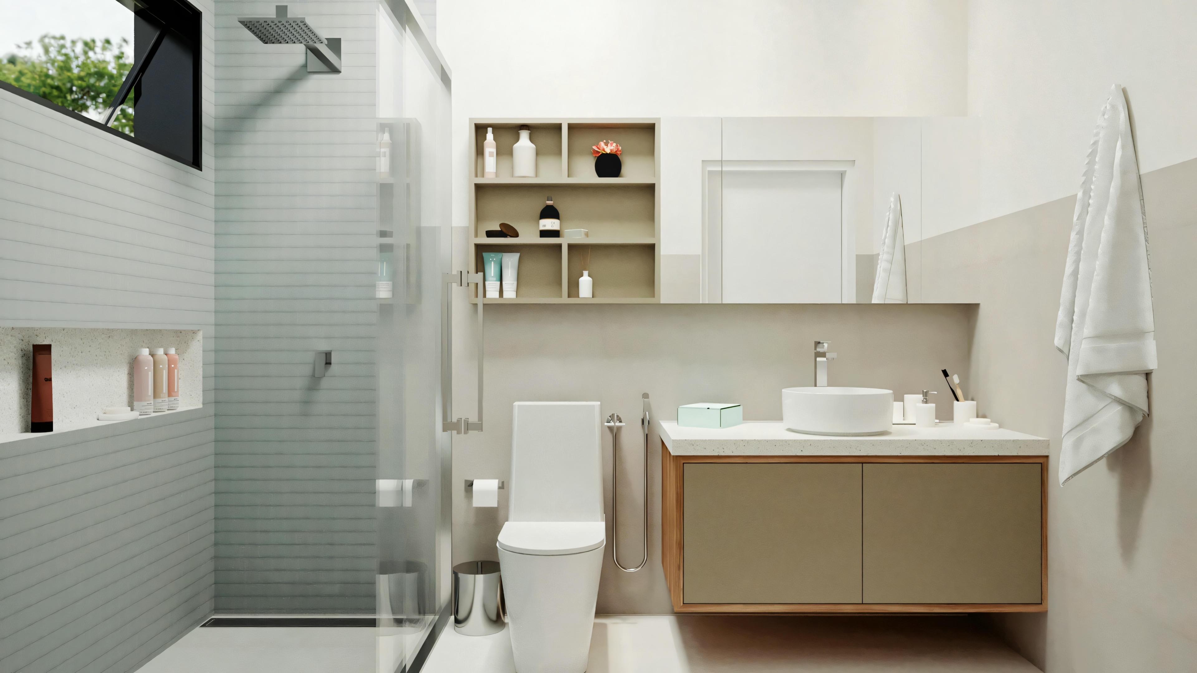 Cuarto de baño con paredes blancas, inodoro, bidé y estantes de madera con toallas y otros ítems.