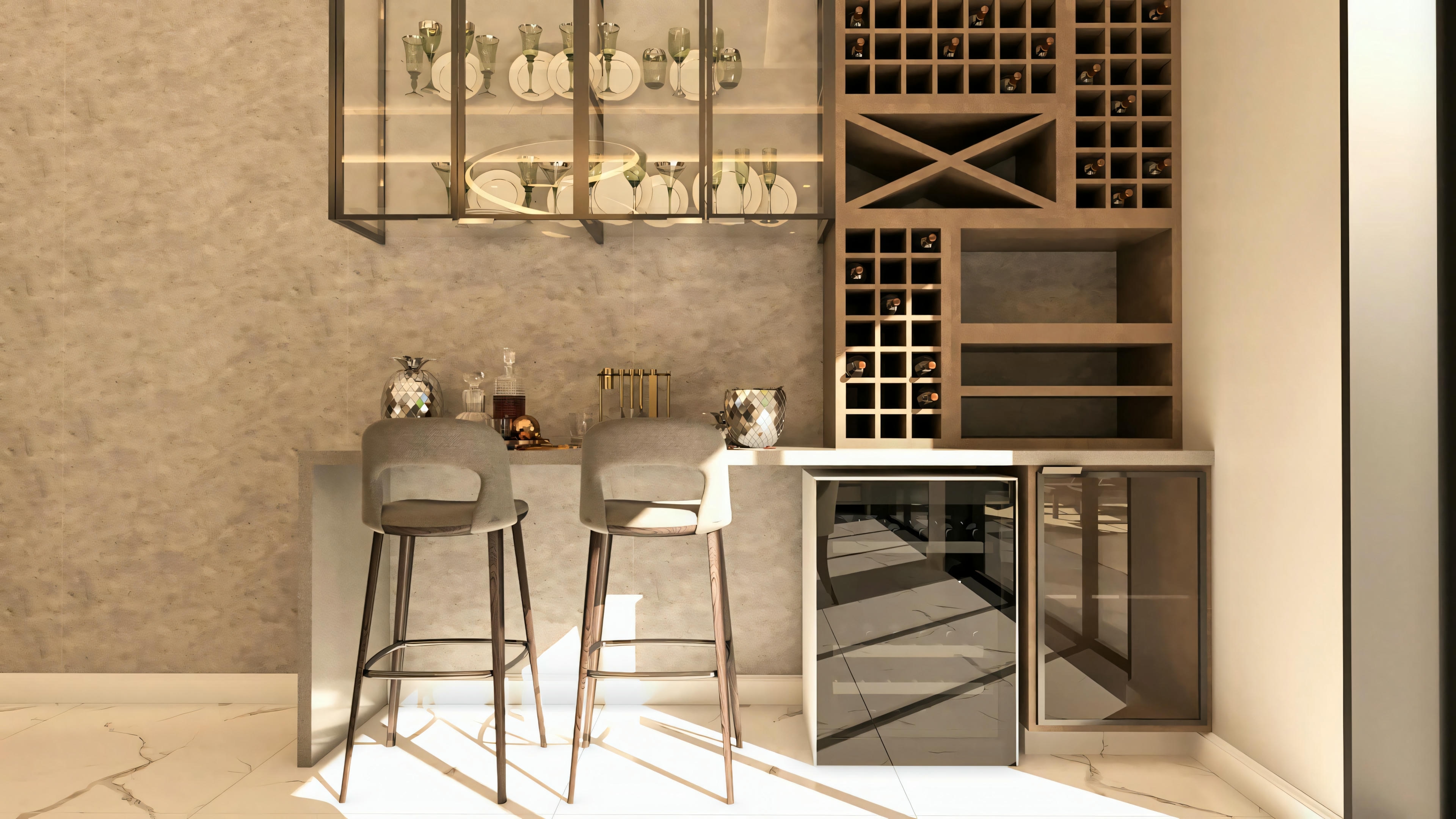 Detalle del bar con bodega climatizada y armarios planeados en proyecto de casa de planta baja con 3 suites; bancada con banquetas y cristalera suspendida.