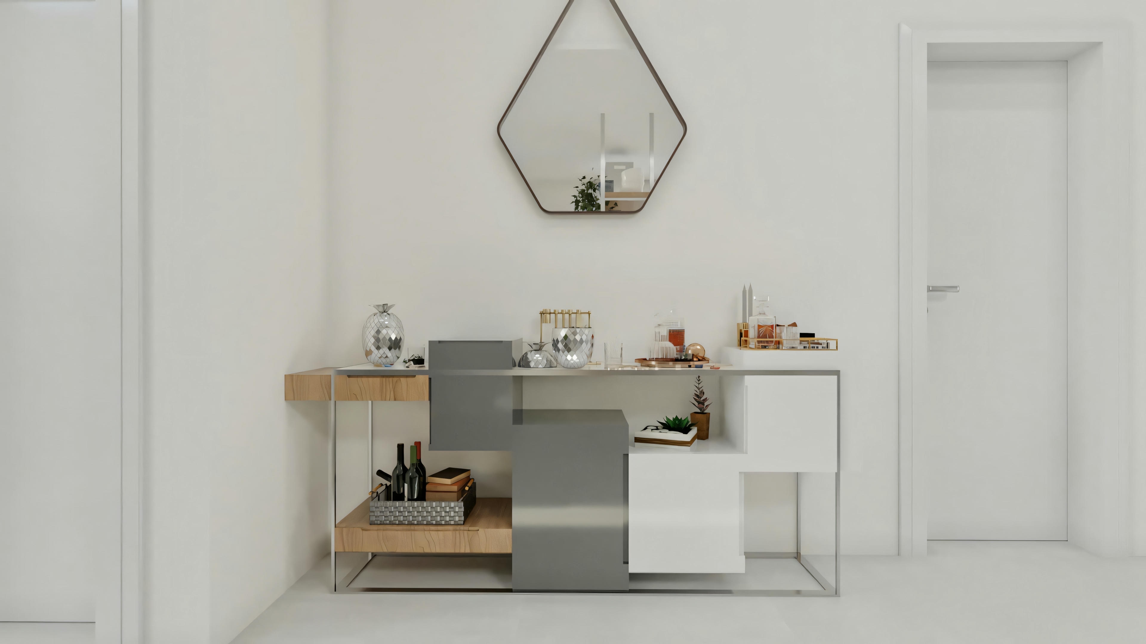 Detalle de decoración en el interior del proyecto residencial ArchShop con 3 suites: Mueble moderno con diseño geométrico, acabados en madera, gris y blanco, y espejo decorativo en la pared. Mobiliario contemporáneo para casa con piscina.