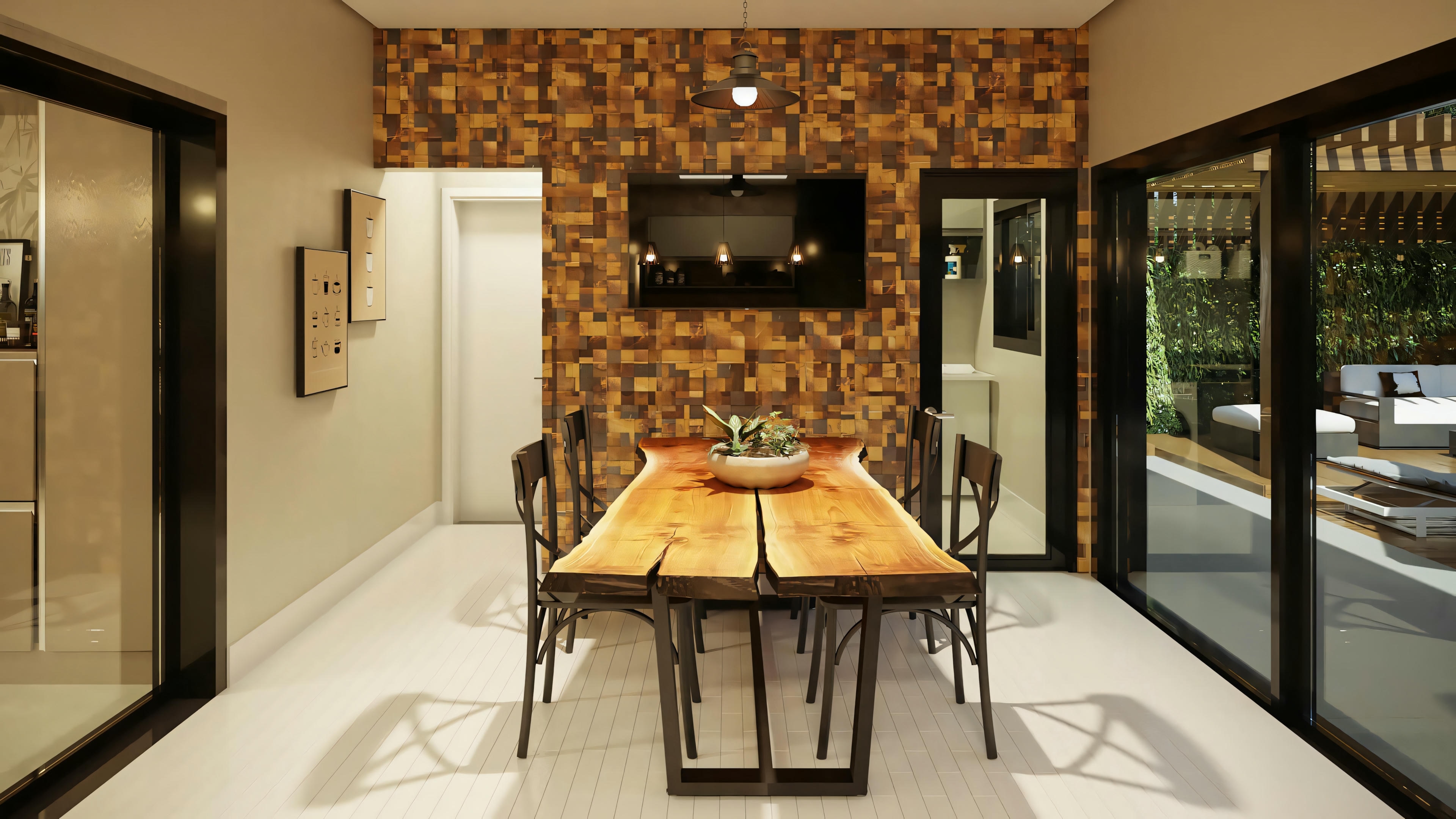 Dining area with a rustic wooden table, metal chairs, and a textured accent wall.