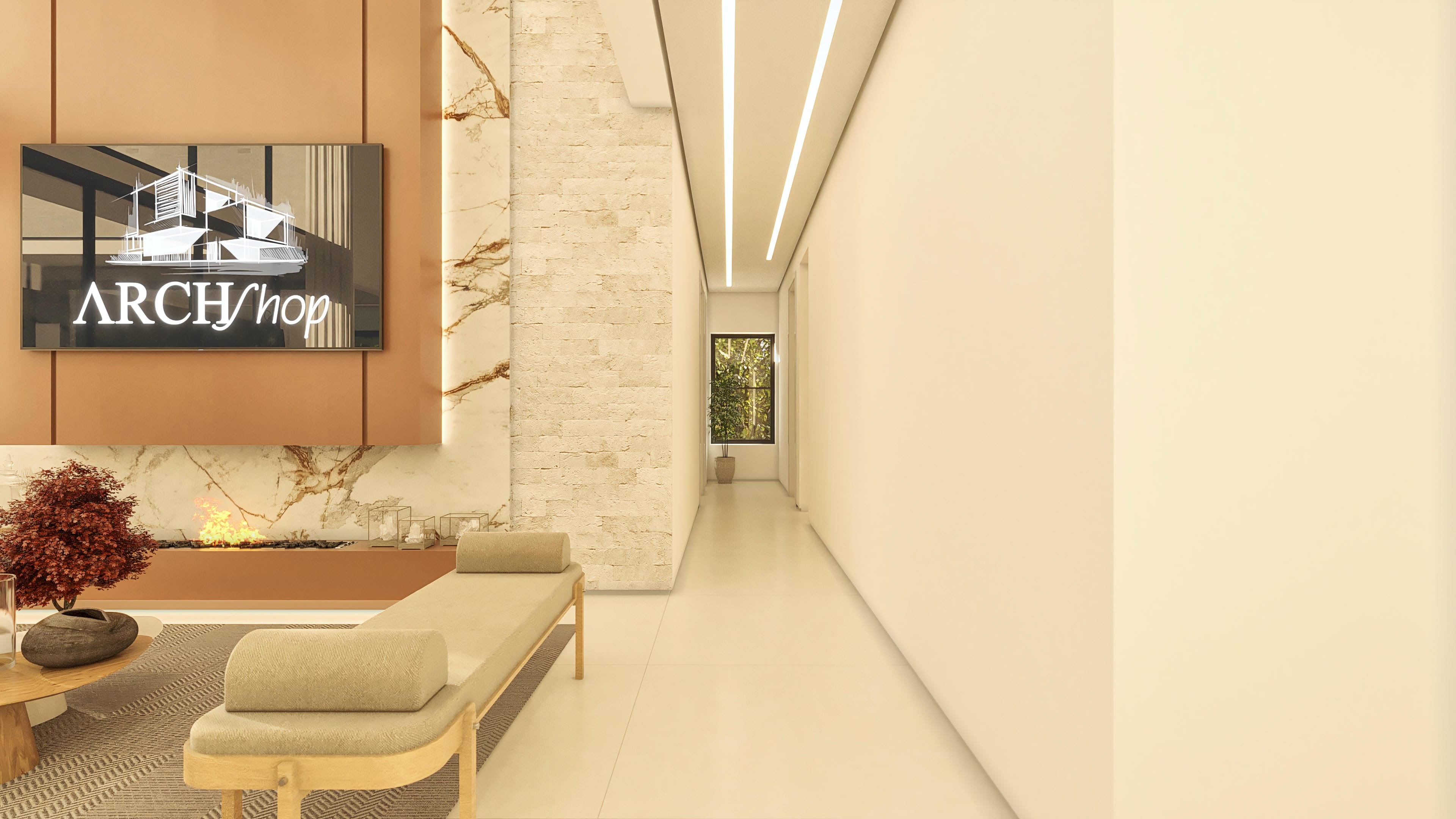 Interior moderno con chimenea imponente, revestimiento en mármol y piedra natural, e iluminación empotrada. Un sofá de diseño minimalista invita a la relajación.