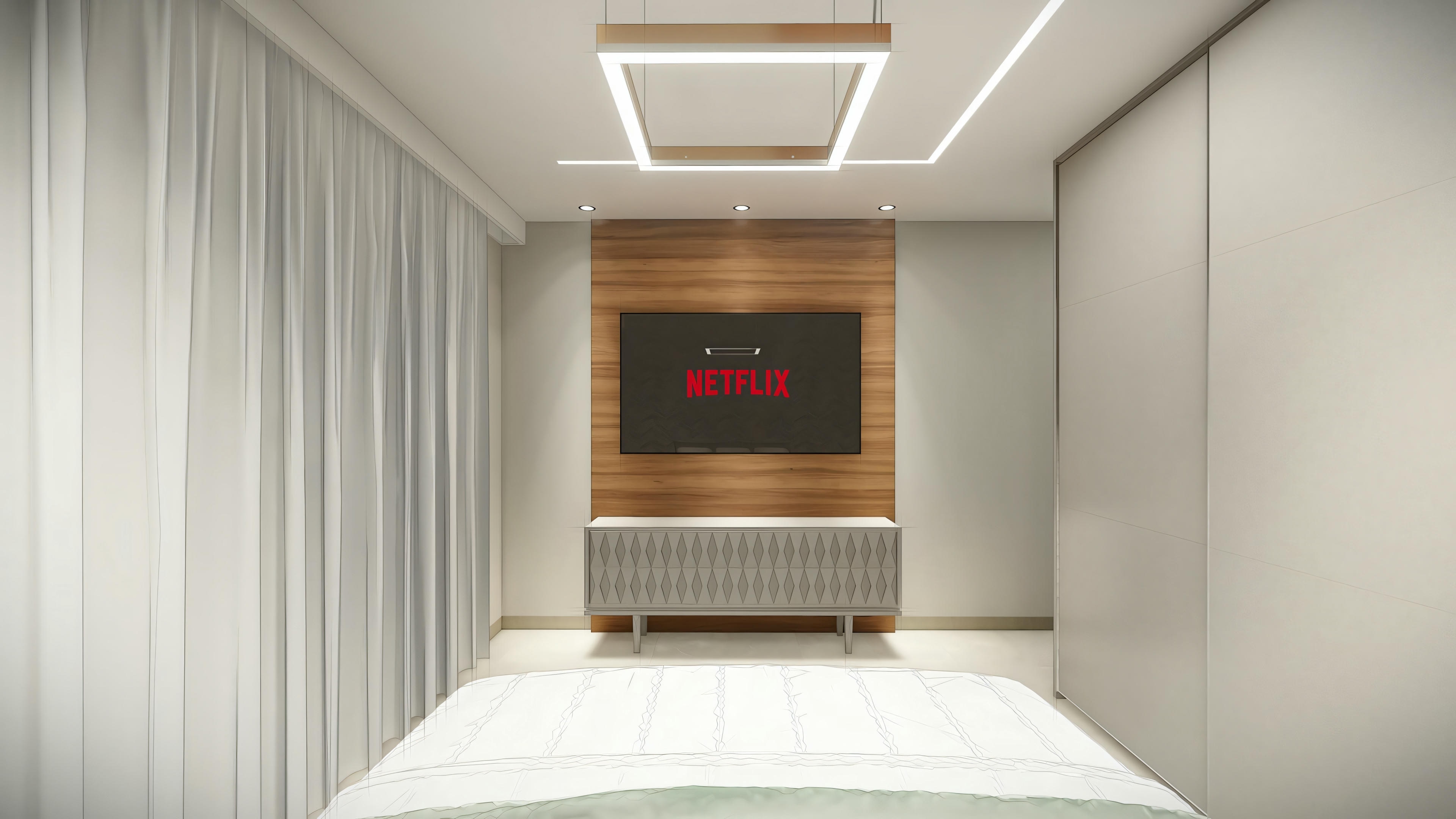Un dormitorio con suelo y paredes de madera, una cama bajo una ventana y techo con iluminación empotrada.