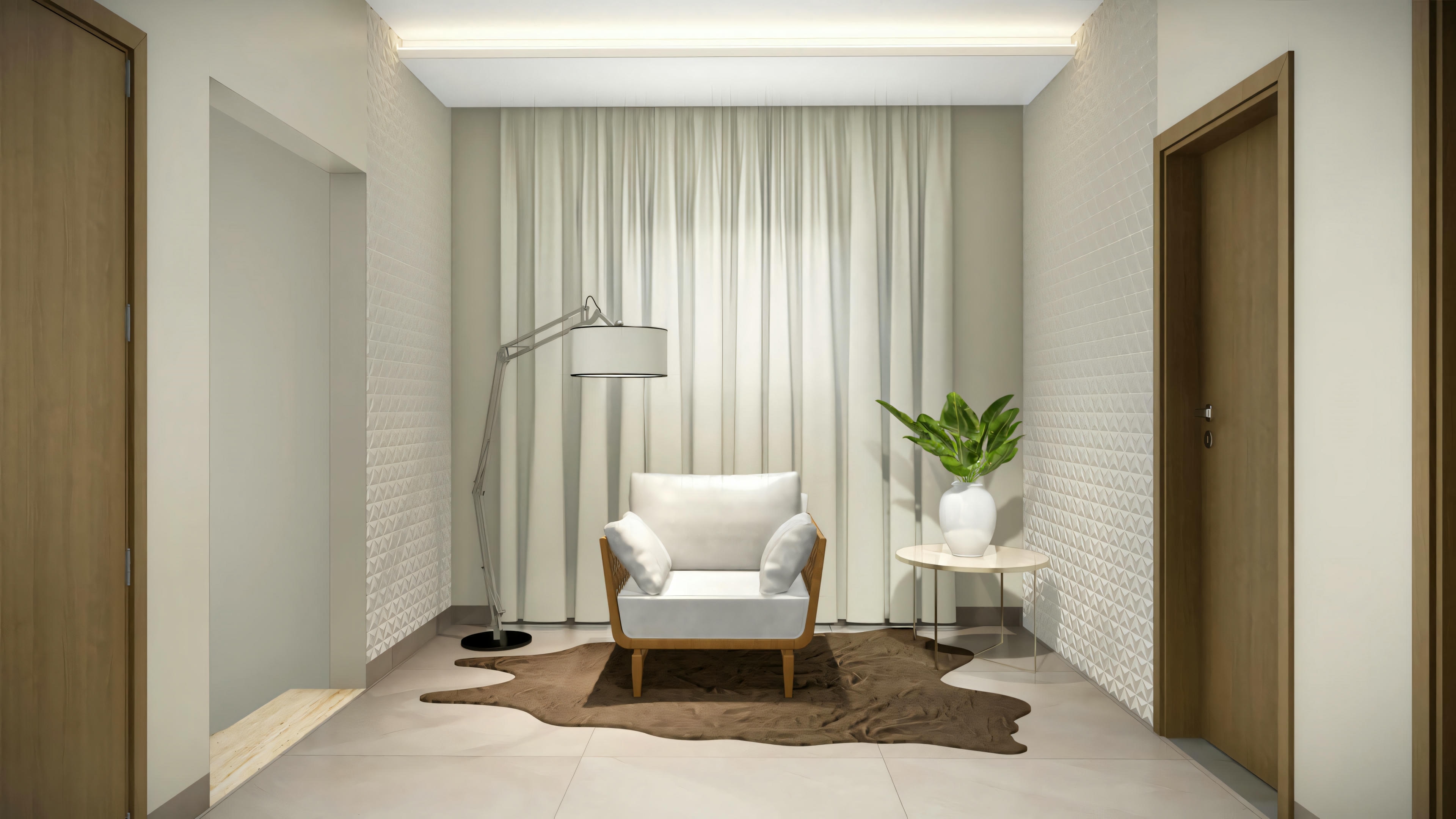 Dormitorio con sillón cerca de una ventana con cortinas, lámpara de pie al lado y cama parcialmente visible.
