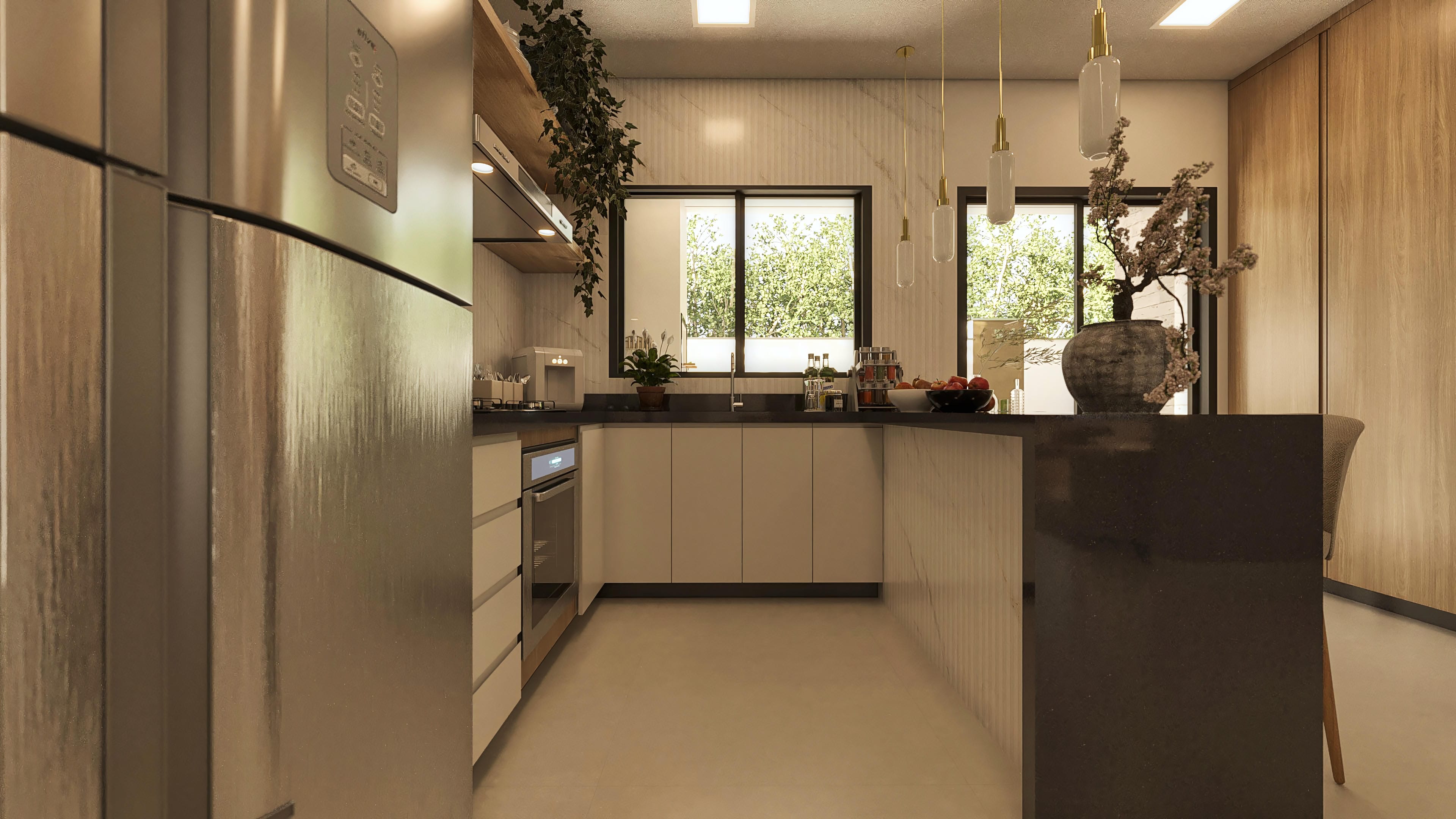 Modern kitchen with custom cabinets in neutral tones, dark granite countertop, stainless steel appliances, and gold pendant lighting.
