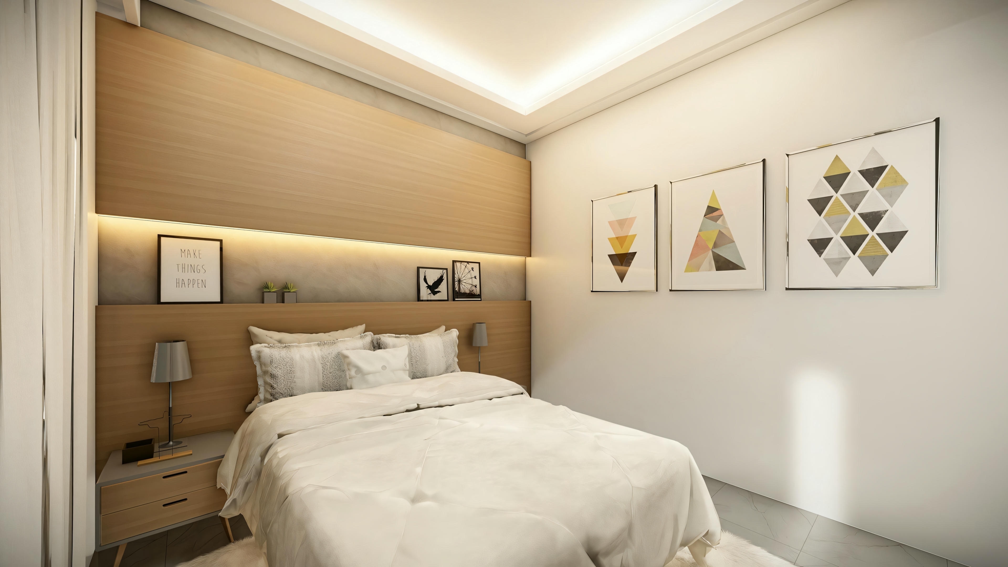 Habitación acogedora con cama bien arreglada, mesa lateral y arte enmarcado en la pared.