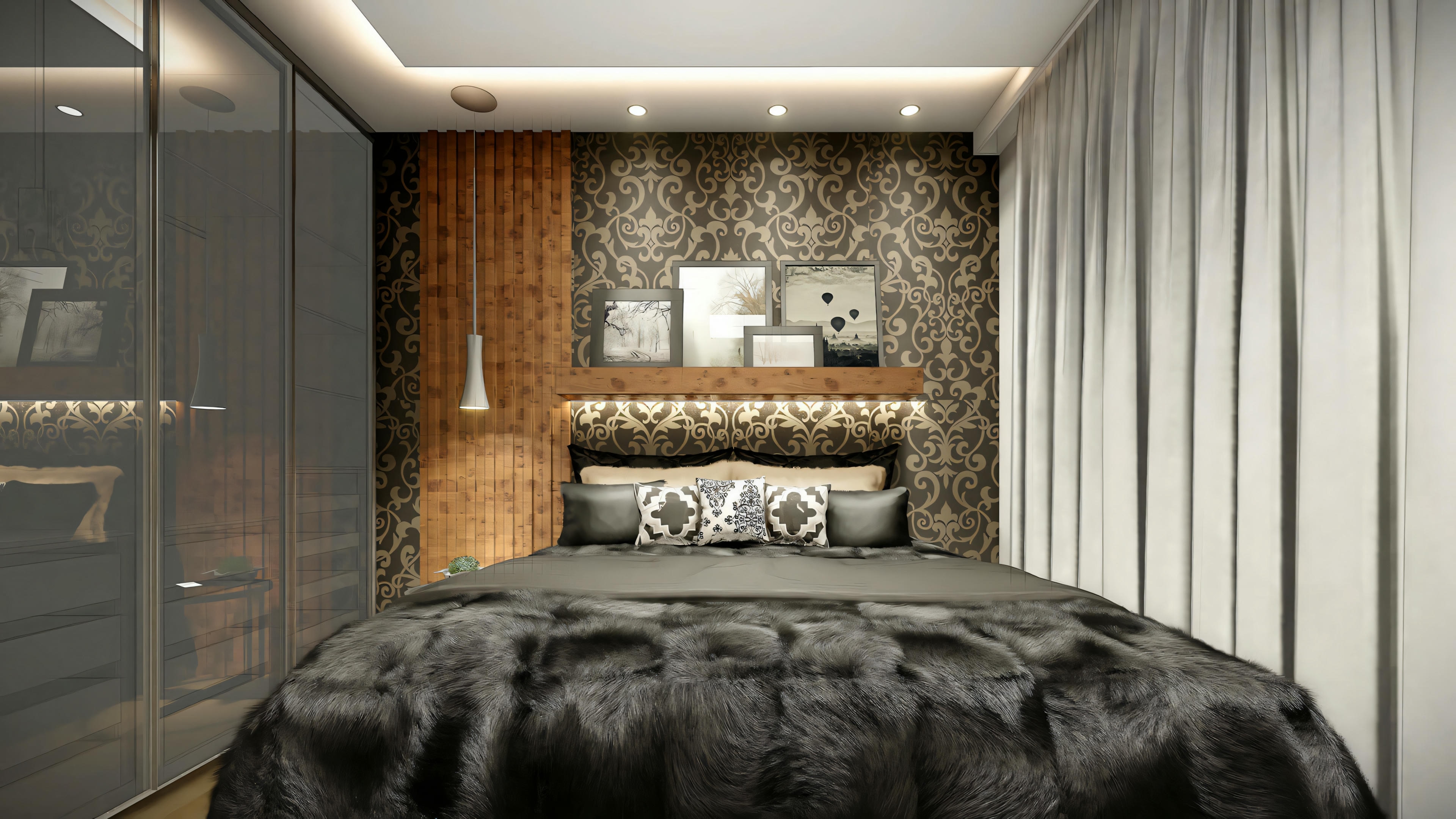 Una habitación con cama grande, ropa de cama negra y lámpara artística arriba.