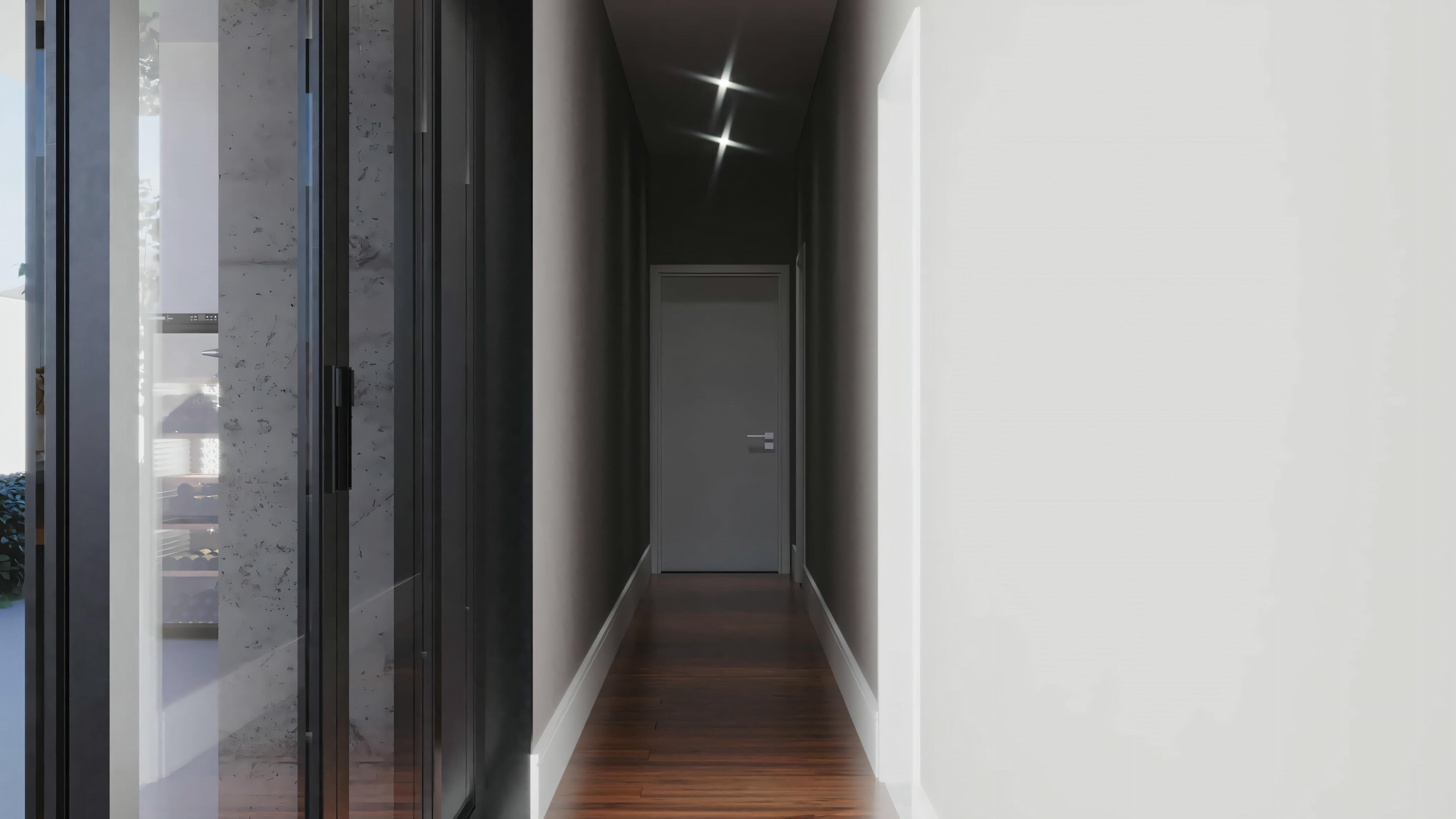 Hallway leading to another room, with doors on both sides.