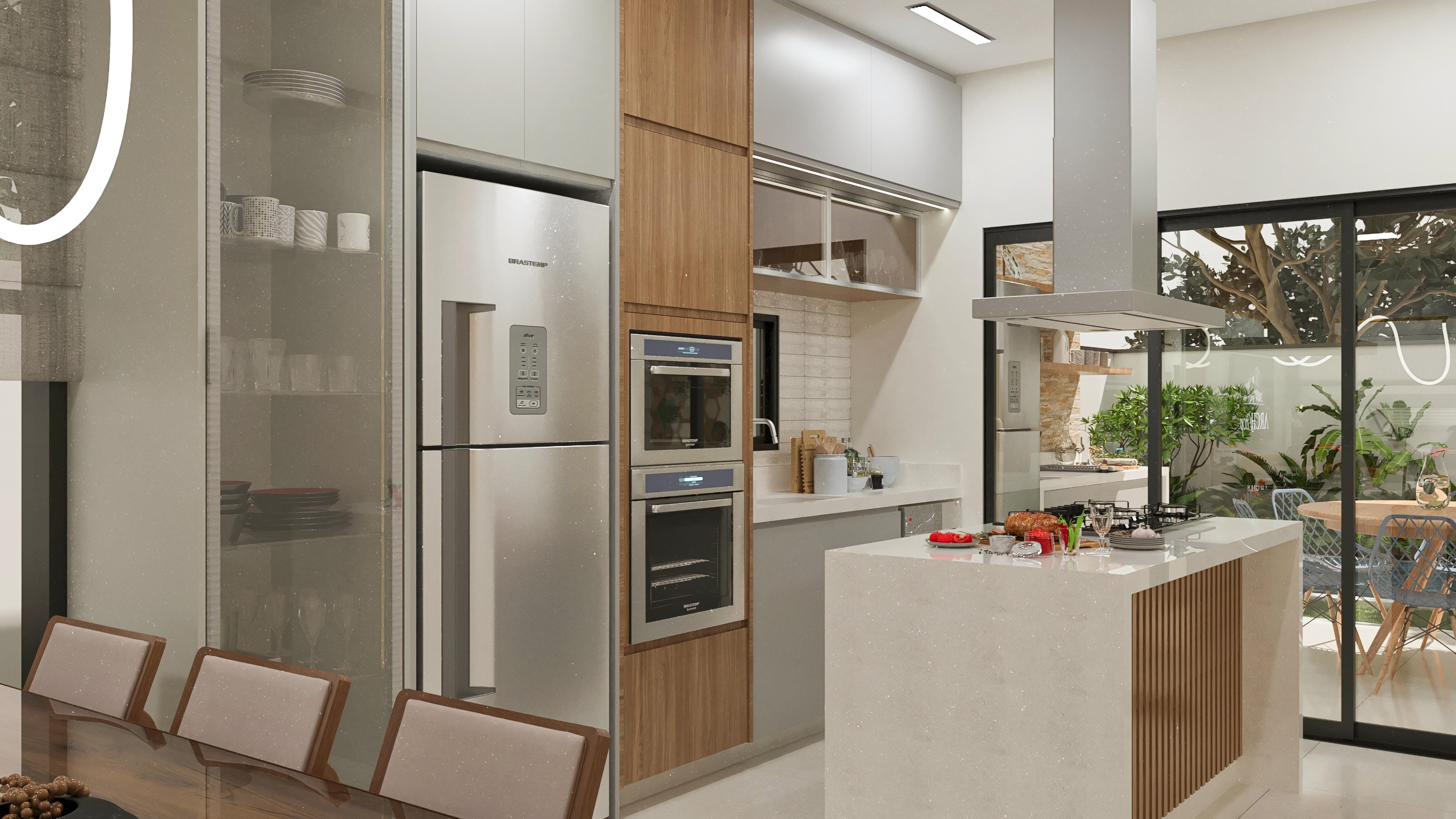Modern kitchen with a quartz central island, custom cabinets in neutral tones and wood, integrated into the gourmet area with a garden view.