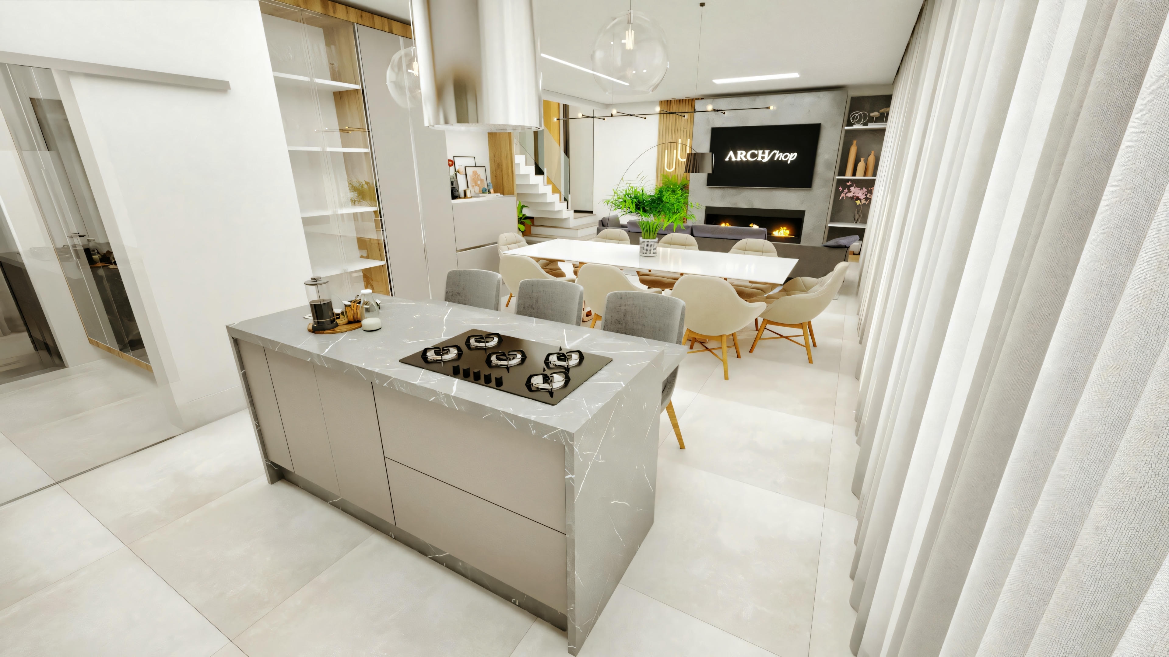 Spacious and integrated social environment of a modern type 4 house, displaying the kitchen with island and cooktop, followed by the dining room and, in the background, the living room with fireplace and TV.