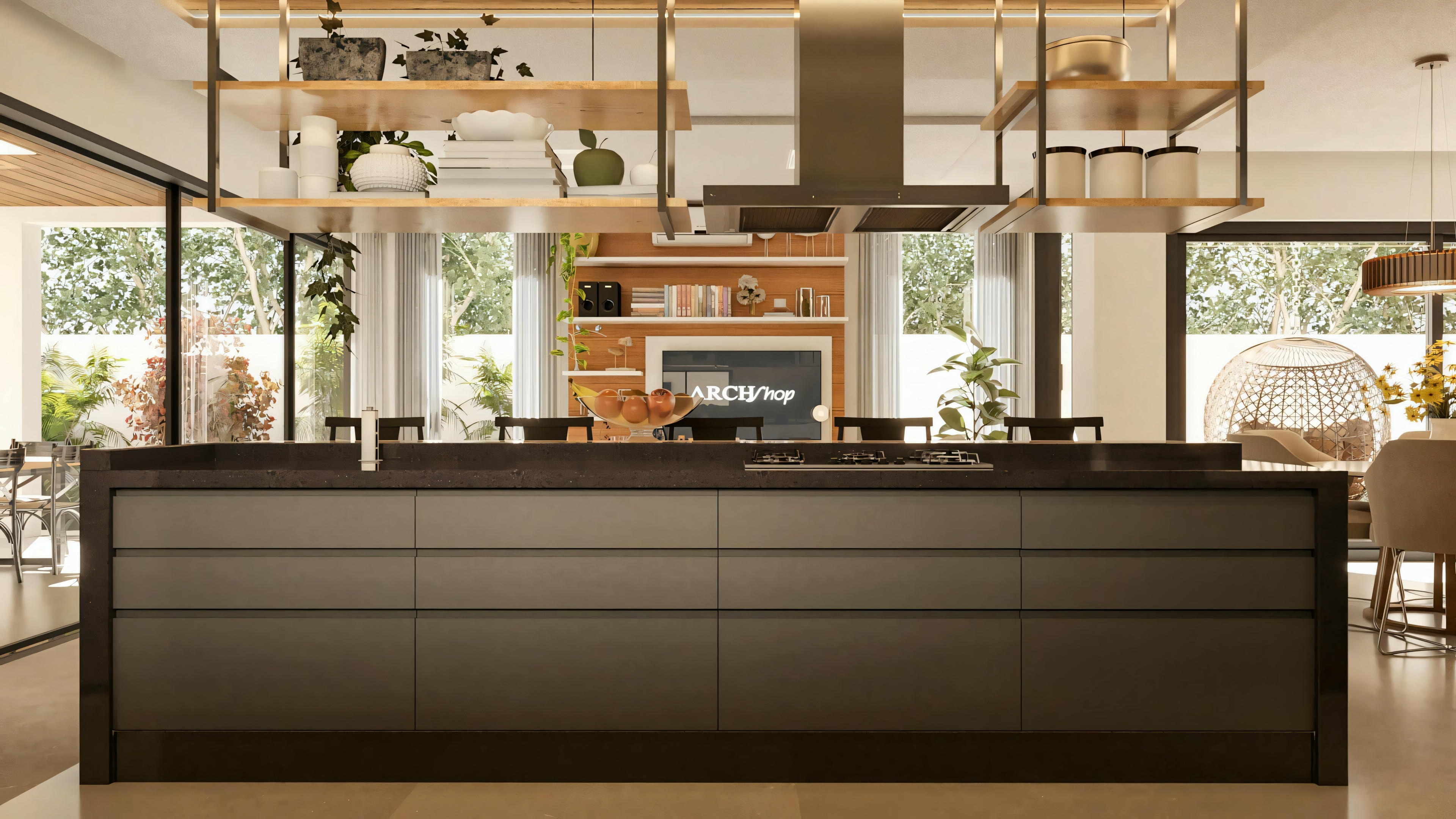Vista desde la isla de la cocina gourmet de la casa de dos pisos moderna de 330m², mostrando la placa de cocción empotrada, campana extractora colgante y la integración visual con la sala de estar al fondo.