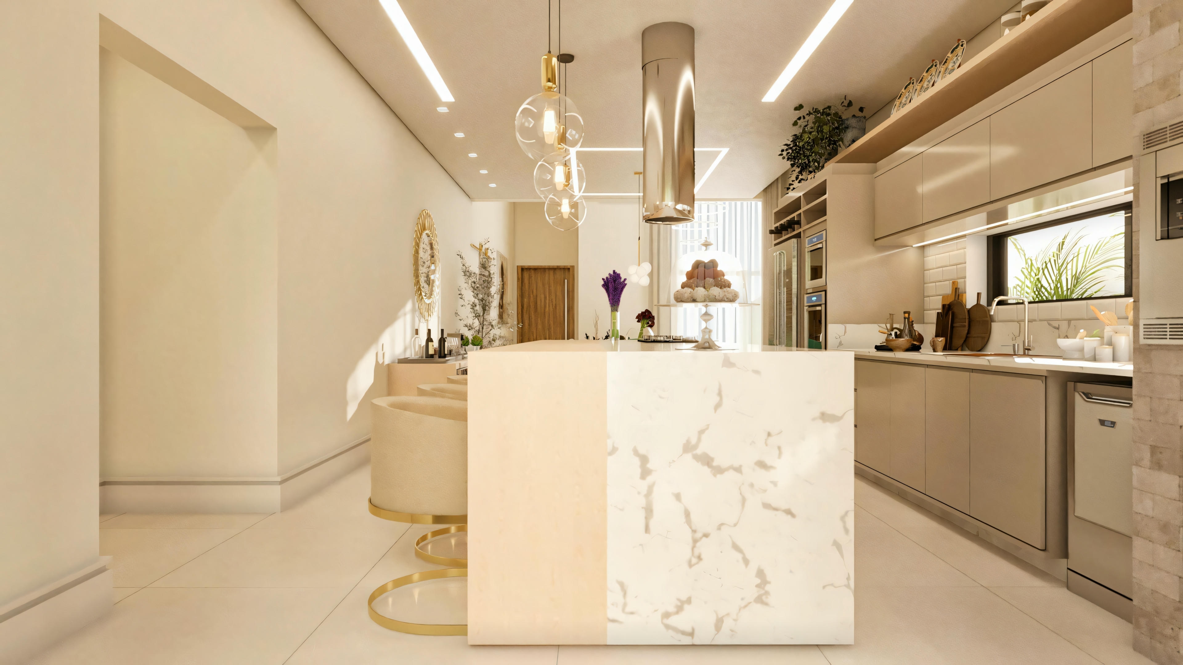 Detail of the kitchen island countertop in the gourmet area, made of light stone (marble or quartz), in a ranch house project with 3 suites. View showing integration with the planned kitchen and other environments in the background. House with 196m².