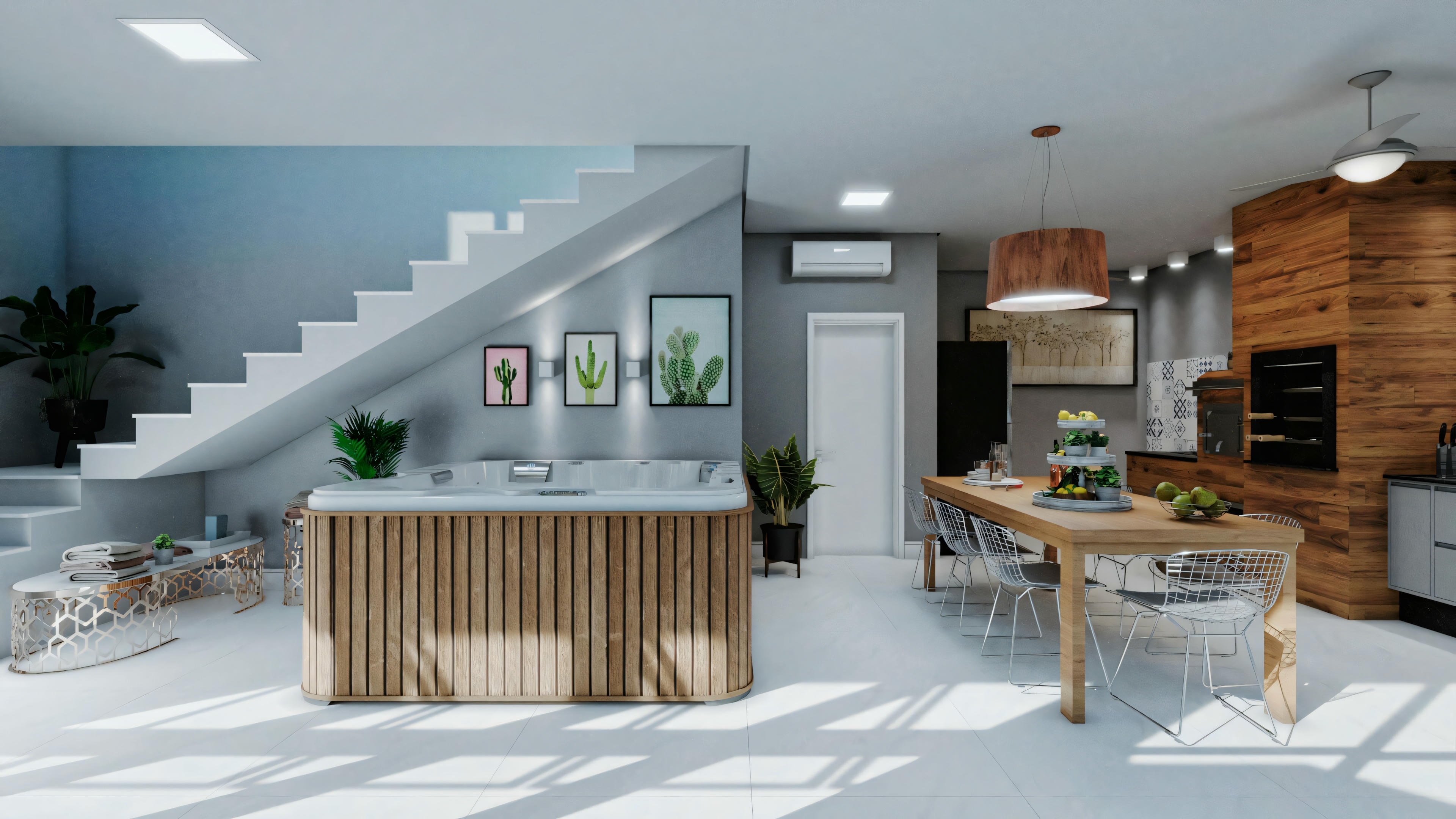 Kitchen with modern appliances and dining area.