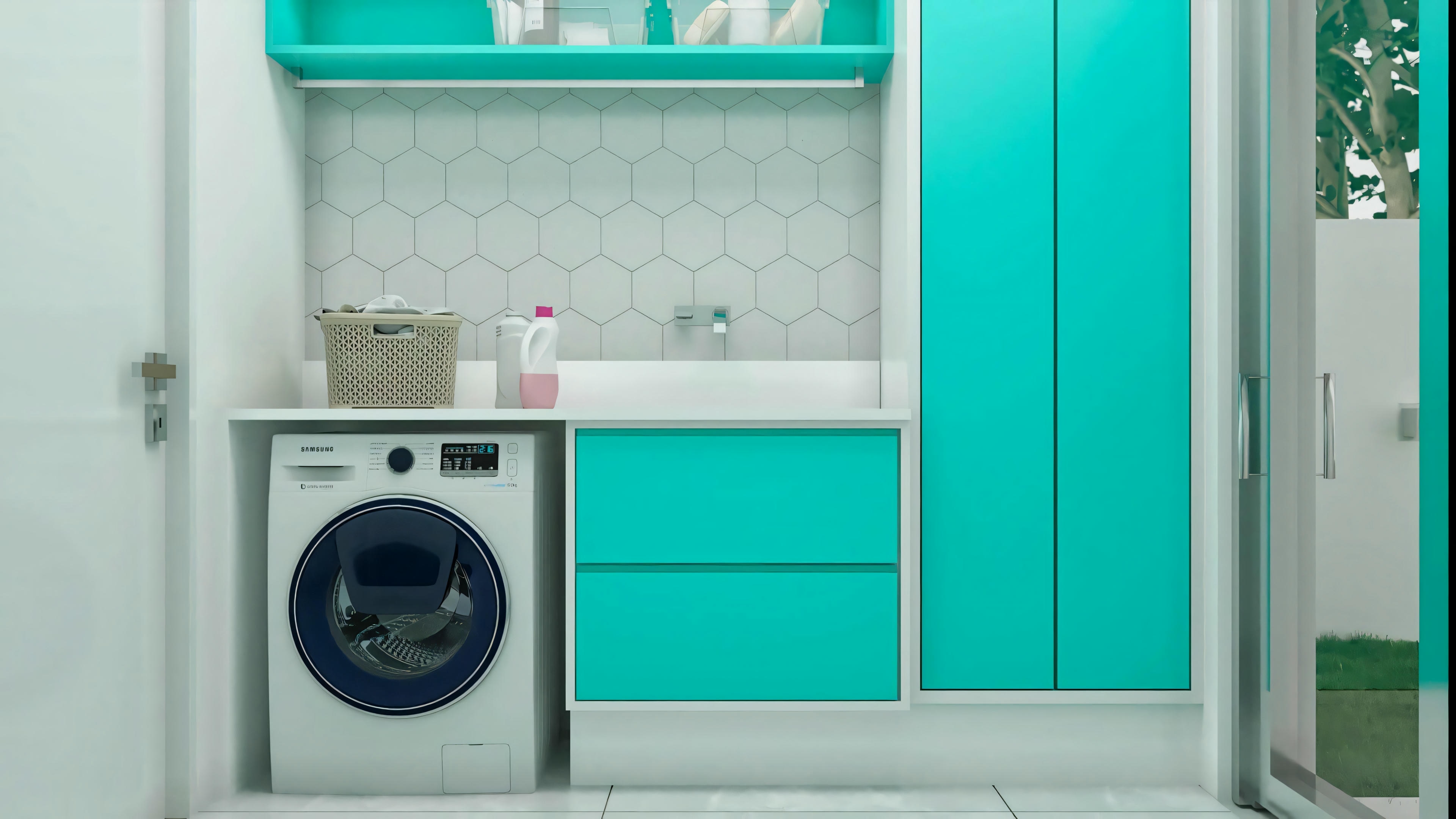 Ambiente de la lavandería planificada en casa moderna de una planta (3 habitaciones), con gabinetes funcionales en turquesa, lavadora, encimera, fregadero y revestimiento hexagonal decorativo.