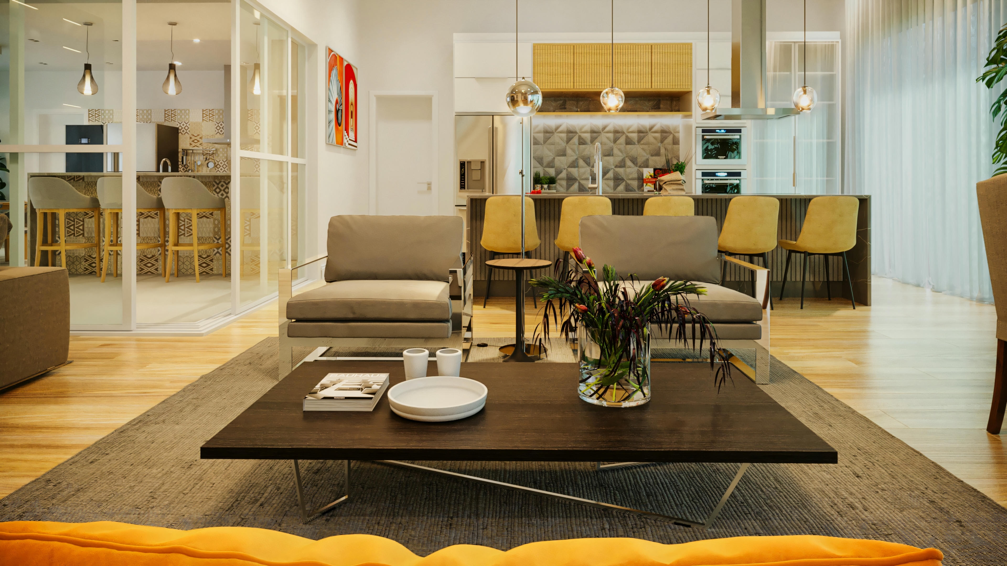 Perspectiva del living mostrando la integración con la cocina gourmet y la oficina acristalada, en casa de lujo con 3 suites, piscina y zona gourmet. El diseño de interiores de la residencia de 335.08m² destaca el mobiliario contemporáneo y la fluidez entre los ambientes, ideal para una casa con zona gourmet de lujo y piscina.