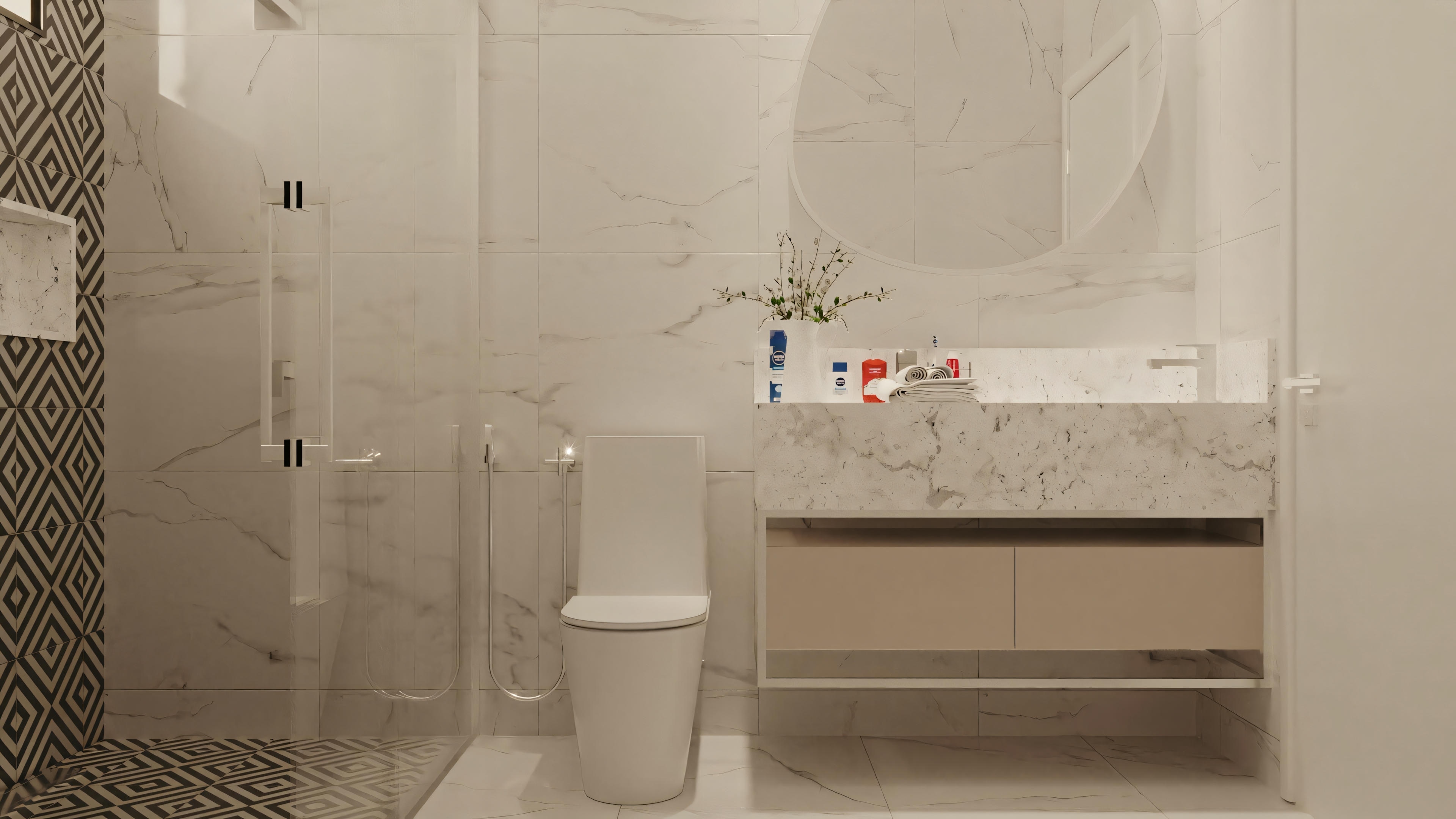 A modern bathroom with a sink and mirror.