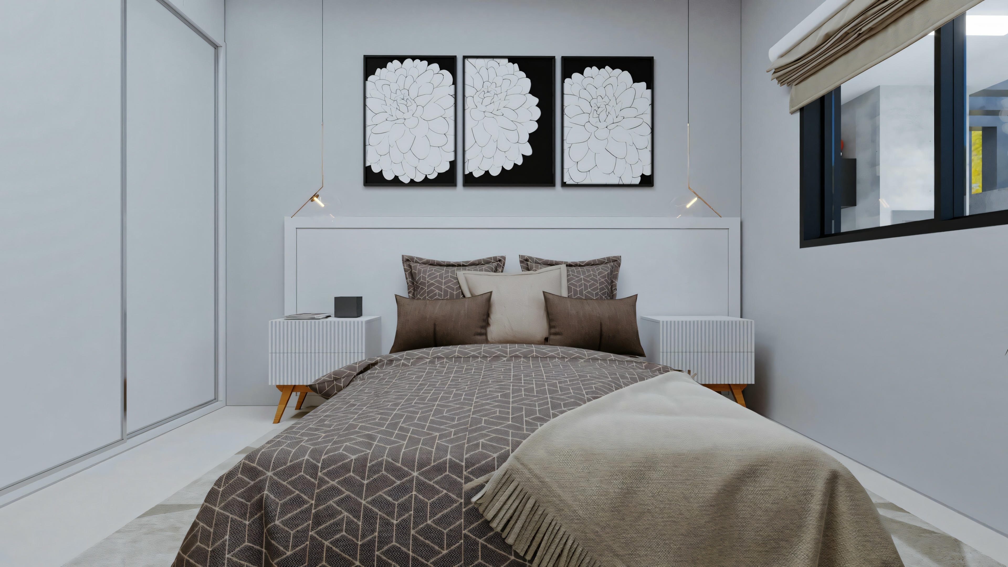 A bedroom with a large bed, white bedding, and black accent walls.