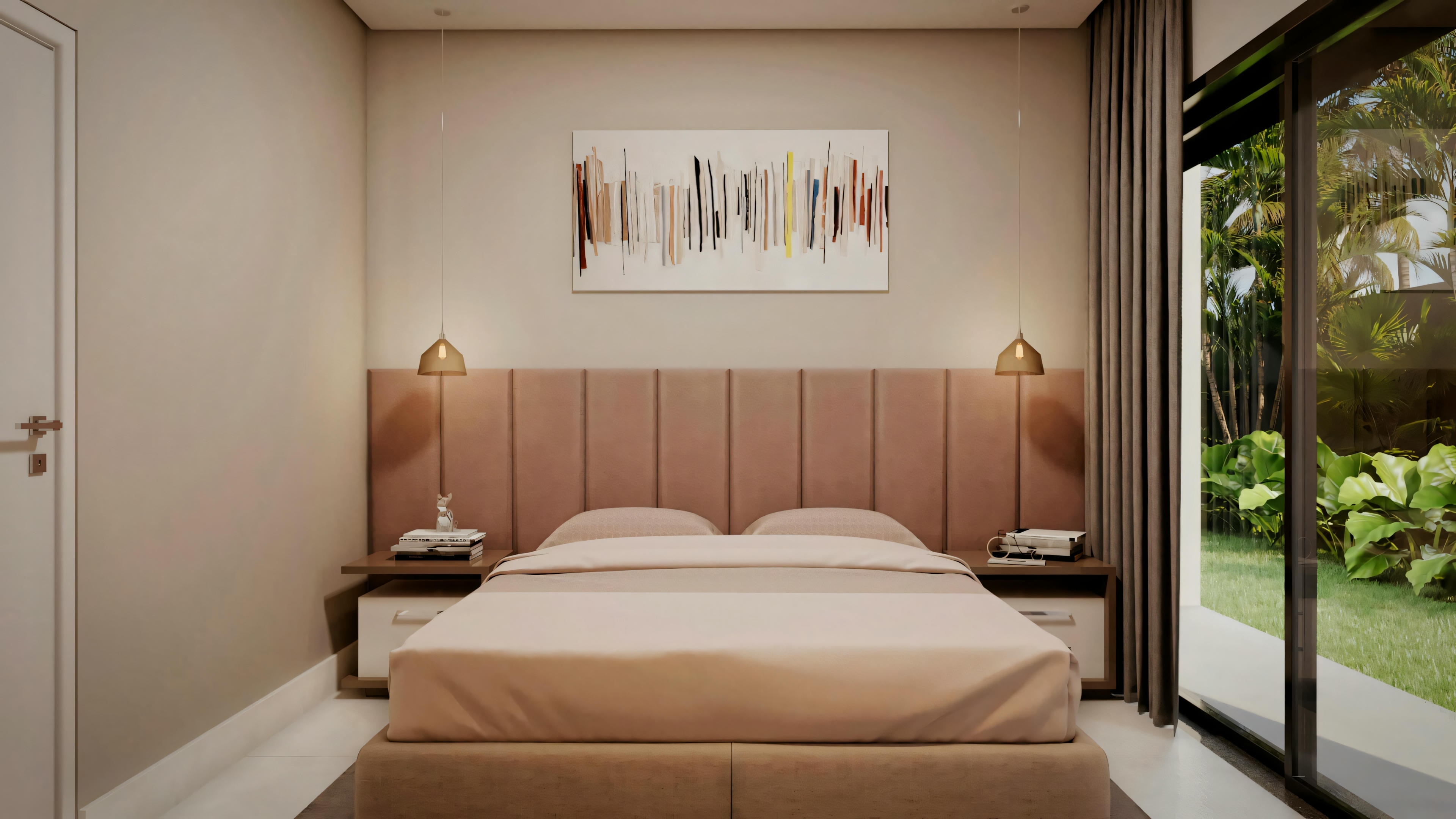 Modern bedroom with large centered bed, sconces on the sides, and wall art