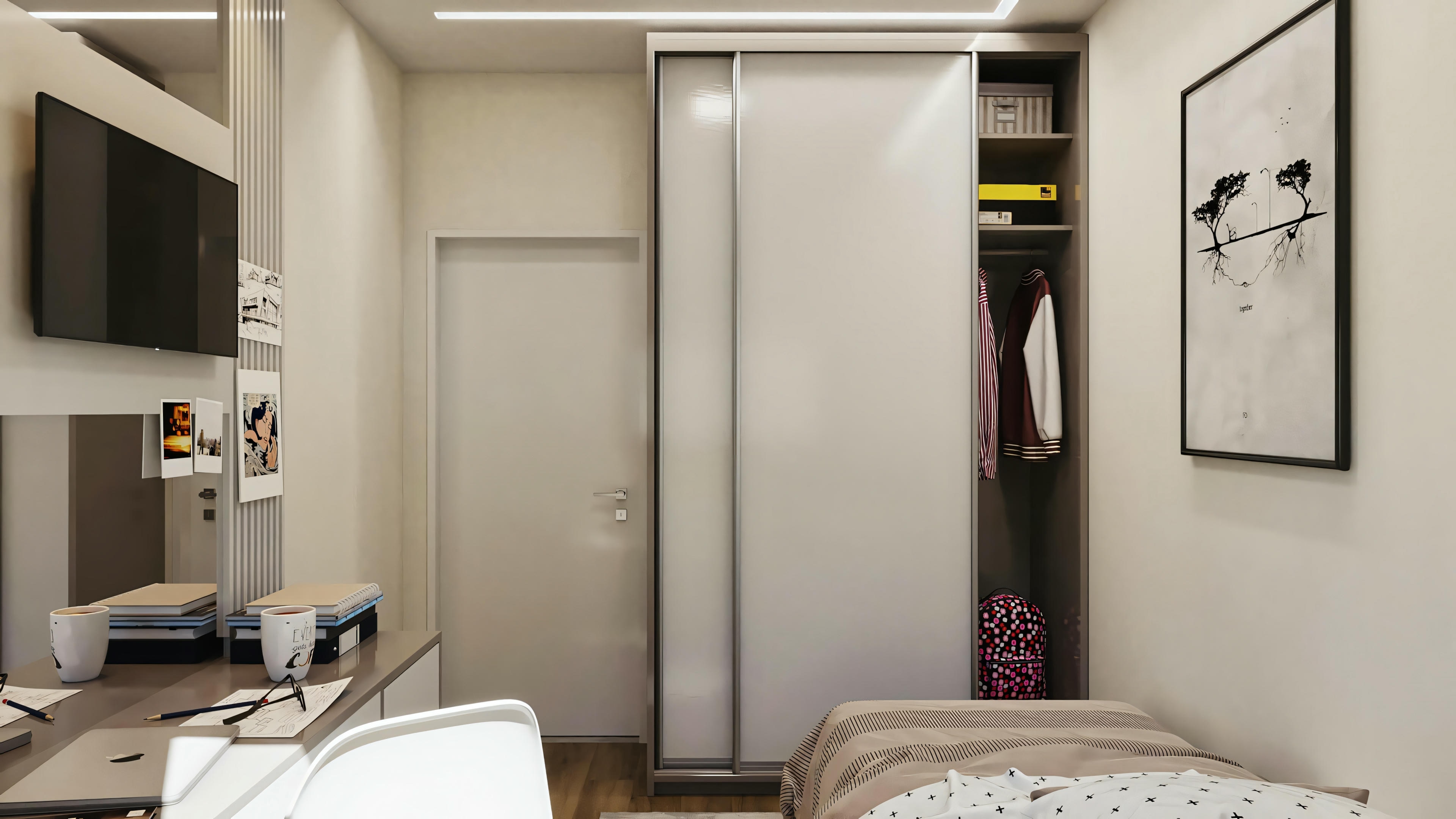 Bedroom with emphasis on space utilization.