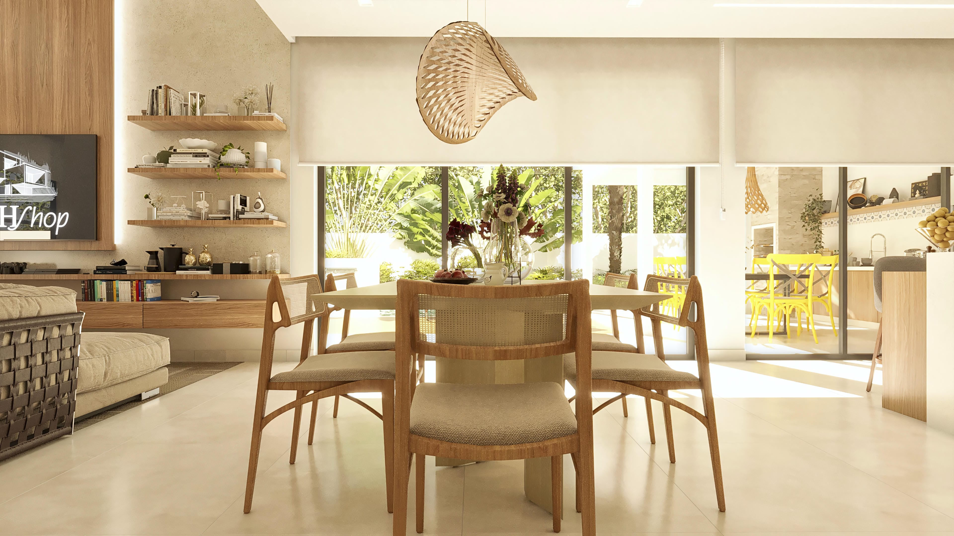 Internal environment of a two-story house with a wooden dining table, straw chairs, a wide window overlooking a lush green area, and natural light.