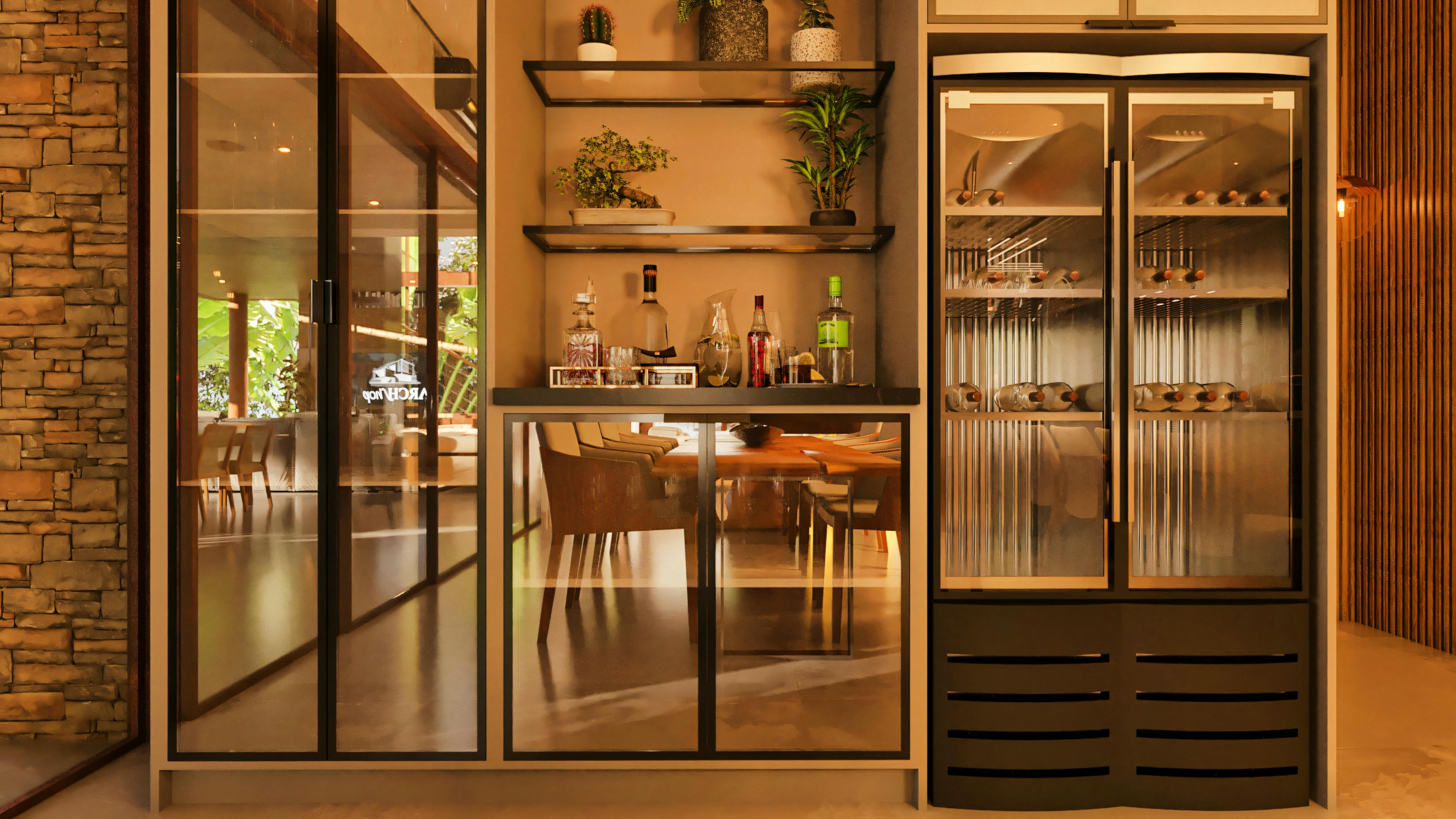 Perspective of the modern gourmet kitchen in an integrated house project. View of the corridor between the central island and the counter with custom cabinetry and stainless steel appliances. Access to the outdoor area in the background.