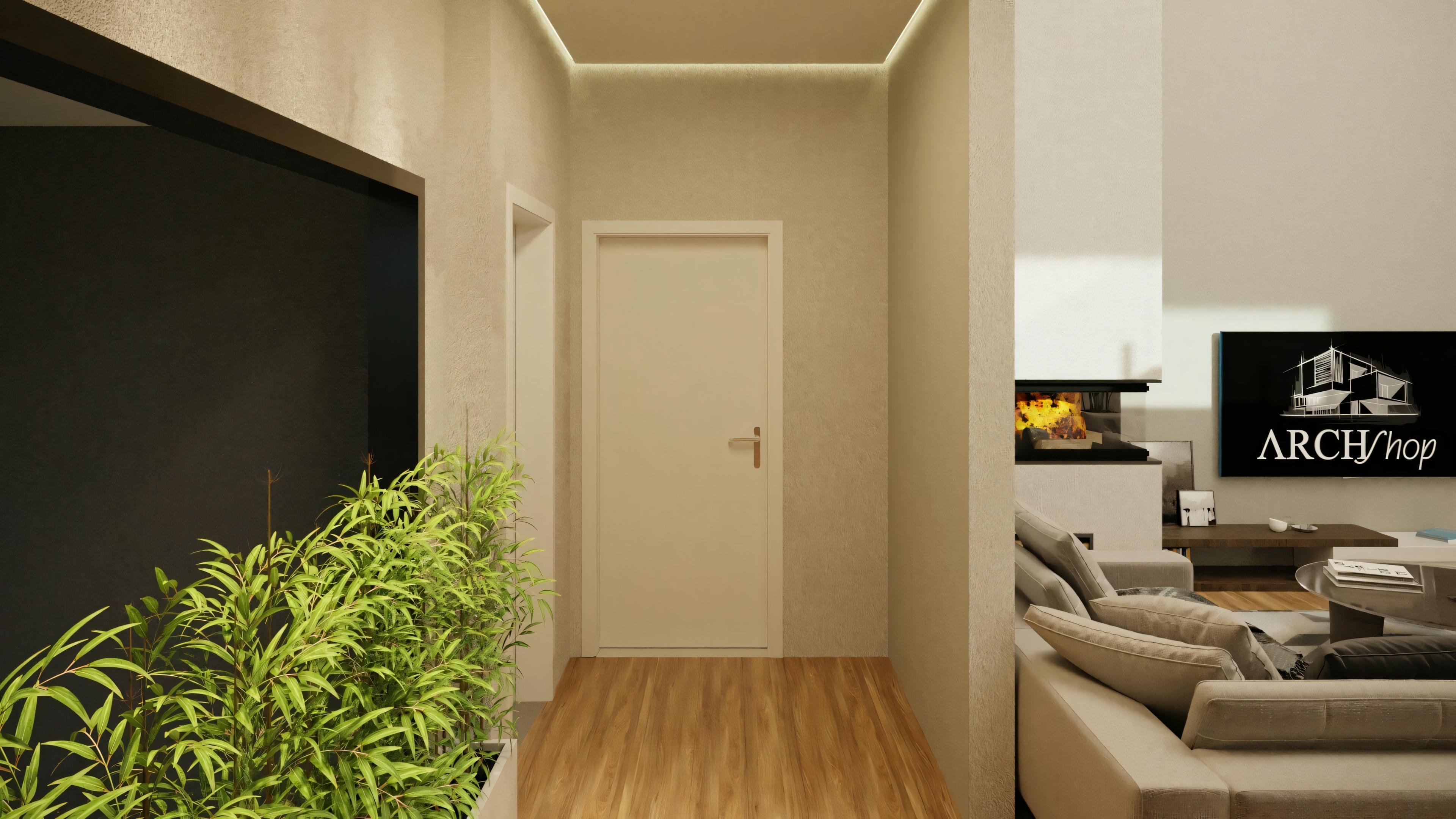 A hallway or entrance with a flat-screen TV mounted on the wall above a low cabinet with decorative plants.
