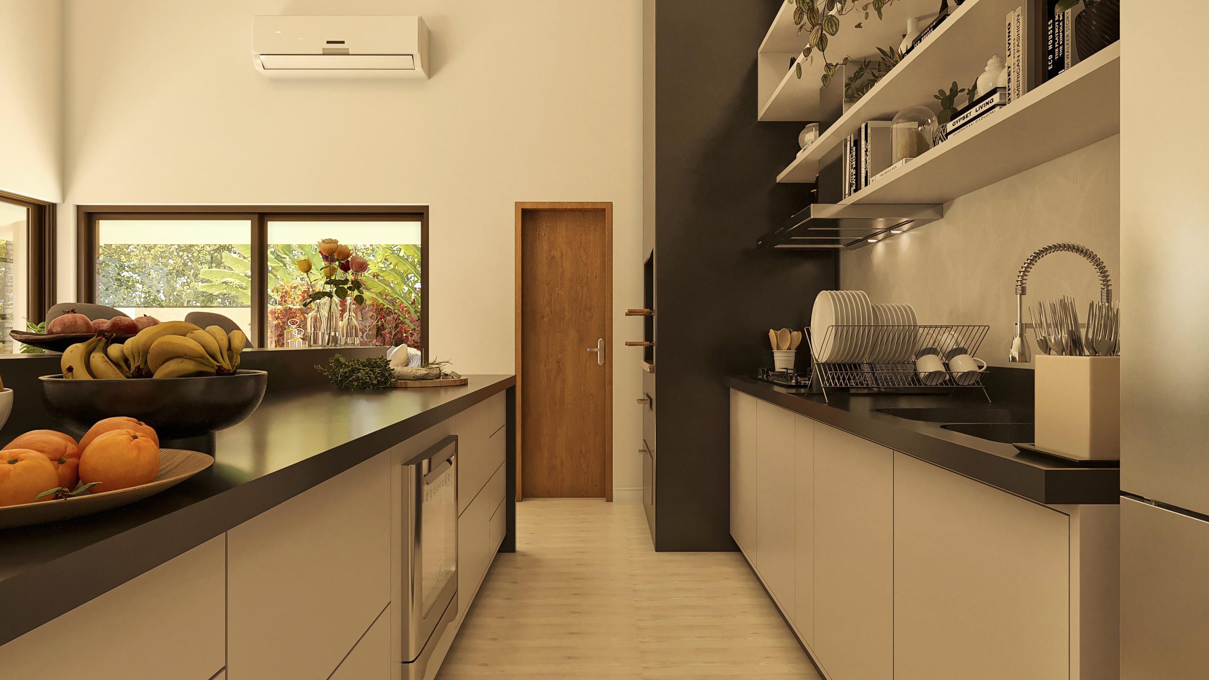 Modern kitchen with black counters and light wood tone cabinets, contrasting with a graphite-toned wall and a light wooden floor. A solid wood door stands out. Large windows bring natural light and a view of the green area.