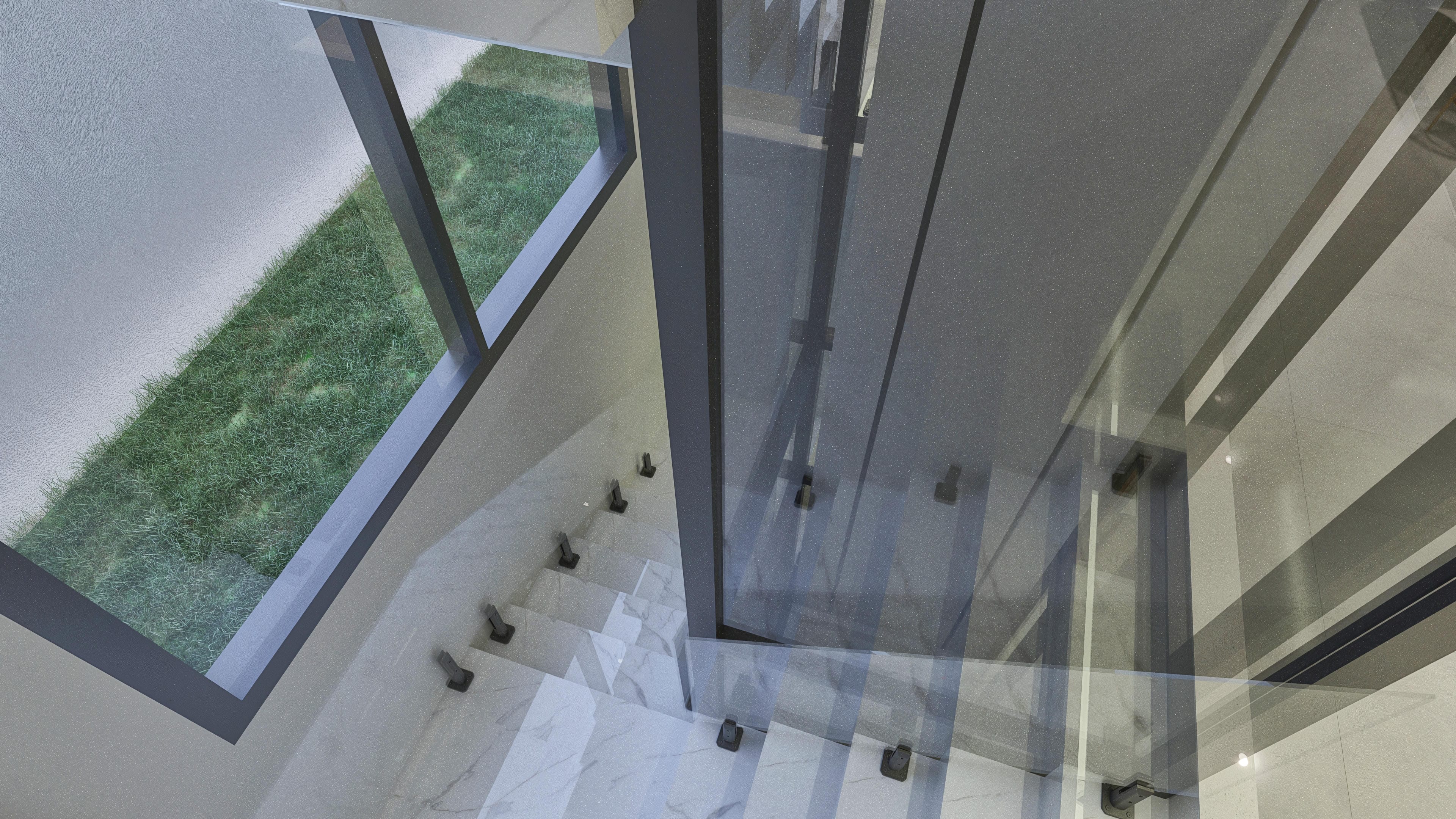 Aerial view of a modern staircase with marble steps and a glass railing, integrated into an environment with an external lawn and architectural details in shades of gray.