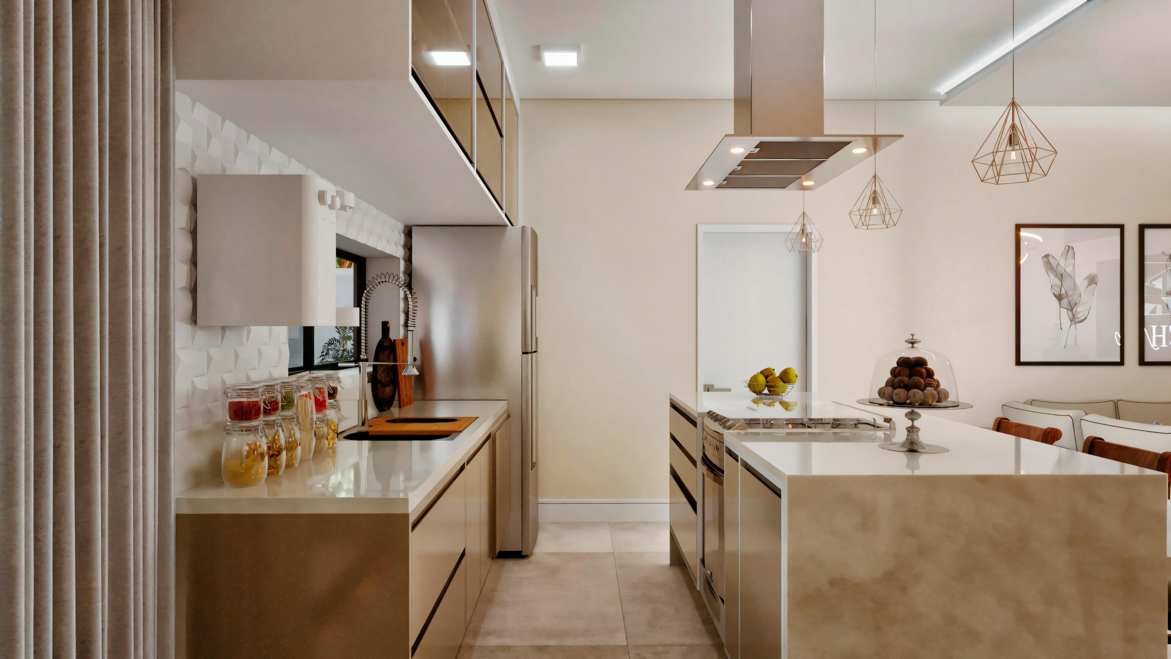 A modern kitchen with stainless steel appliances, white cabinets, and an island with bar stools.