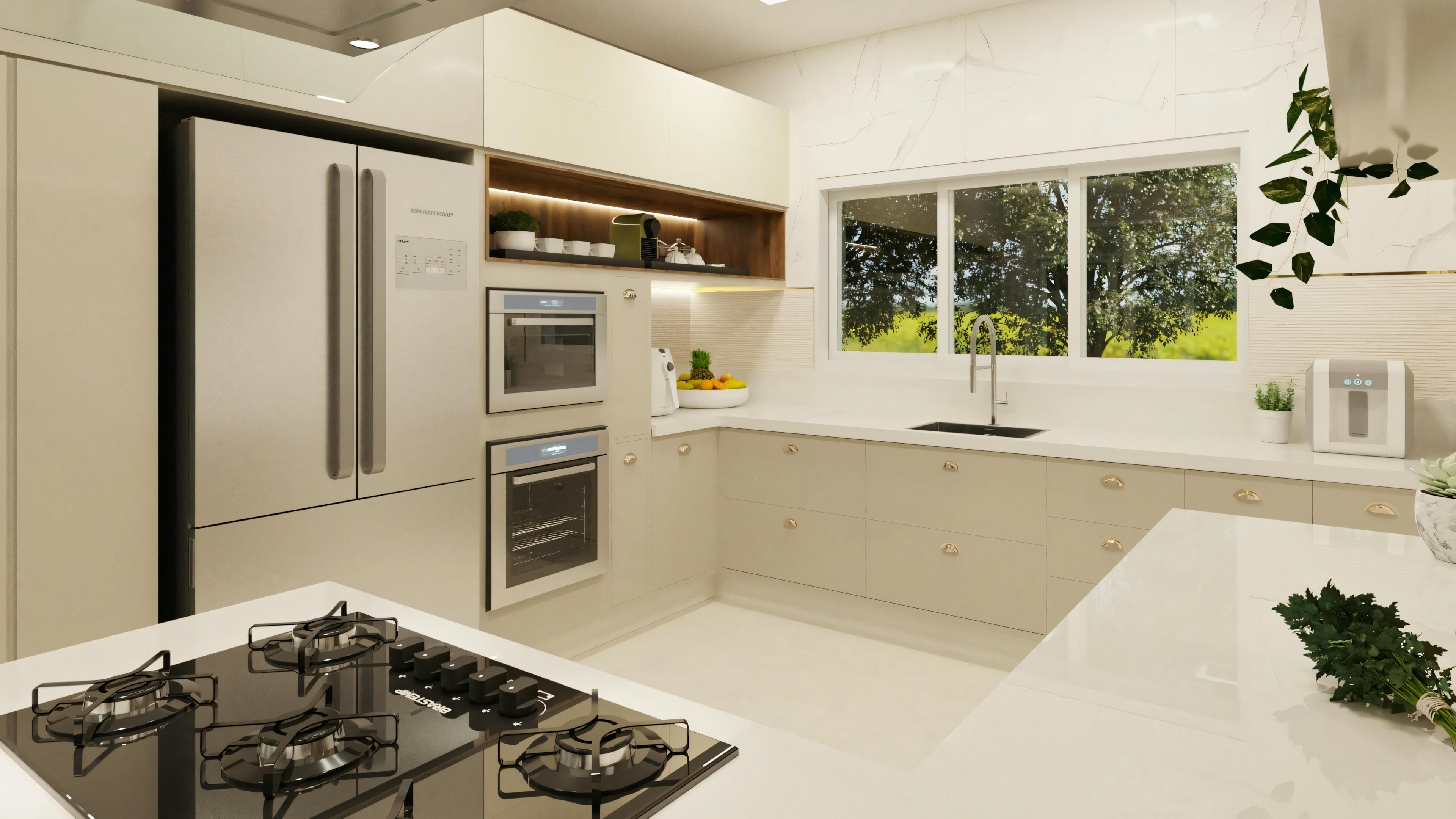 A modern kitchen with white countertops, built-in appliances, and decorative plants.