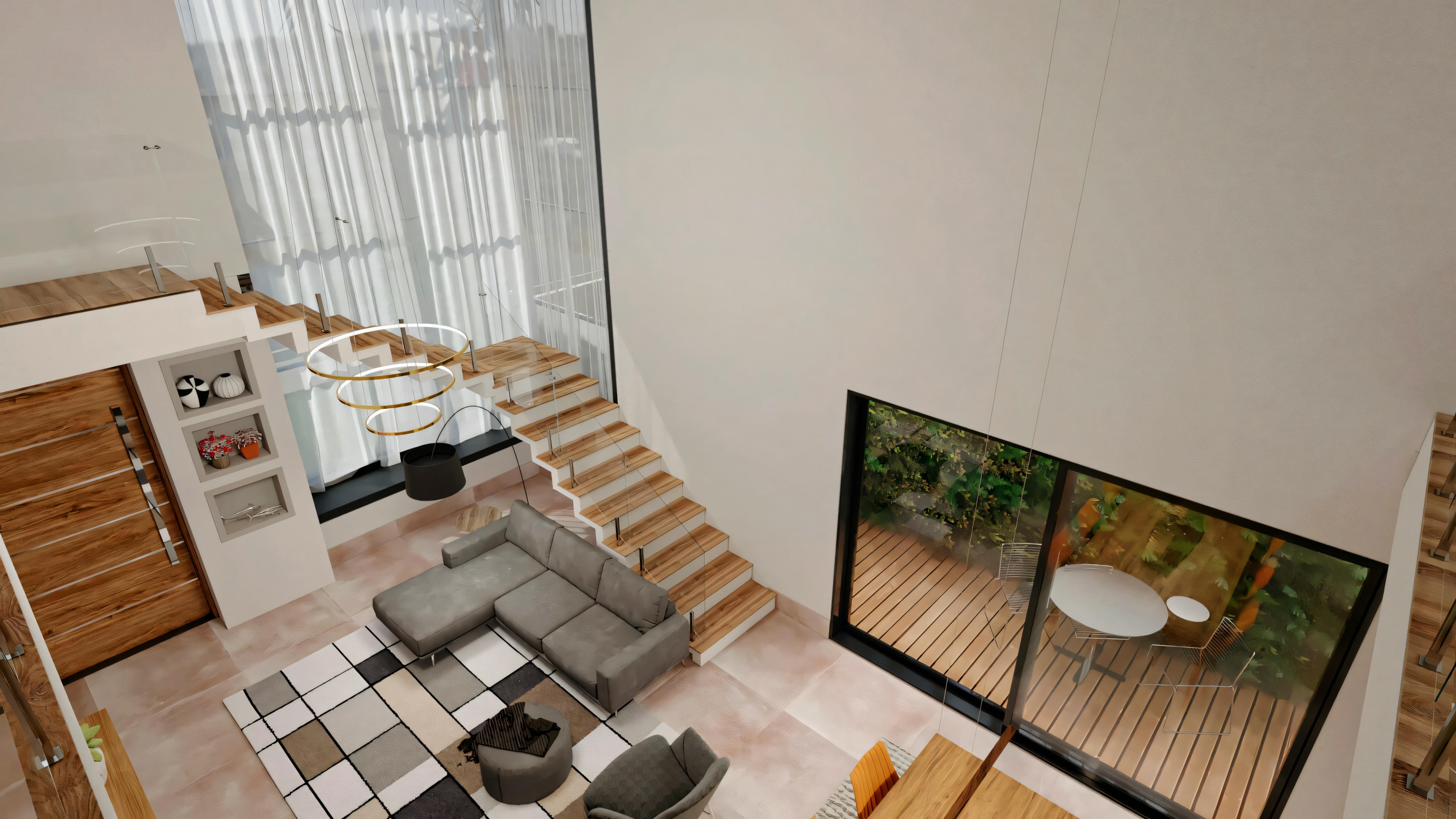 A modern living room with a sectional sofa, coffee table, and wall-mounted television, with a staircase in the background.