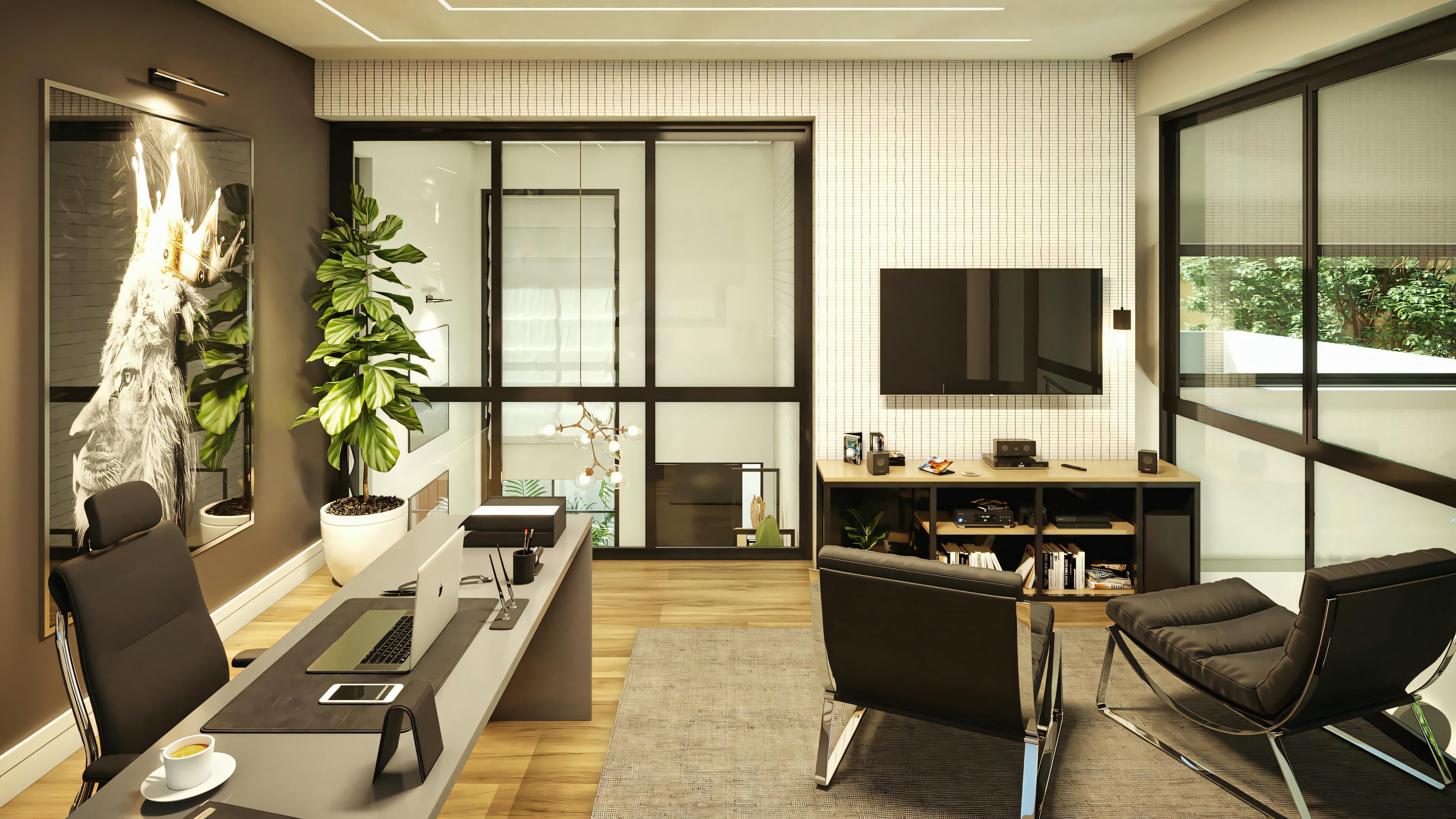 Modern living room with a work desk and computer, suggesting an integrated home office space.
