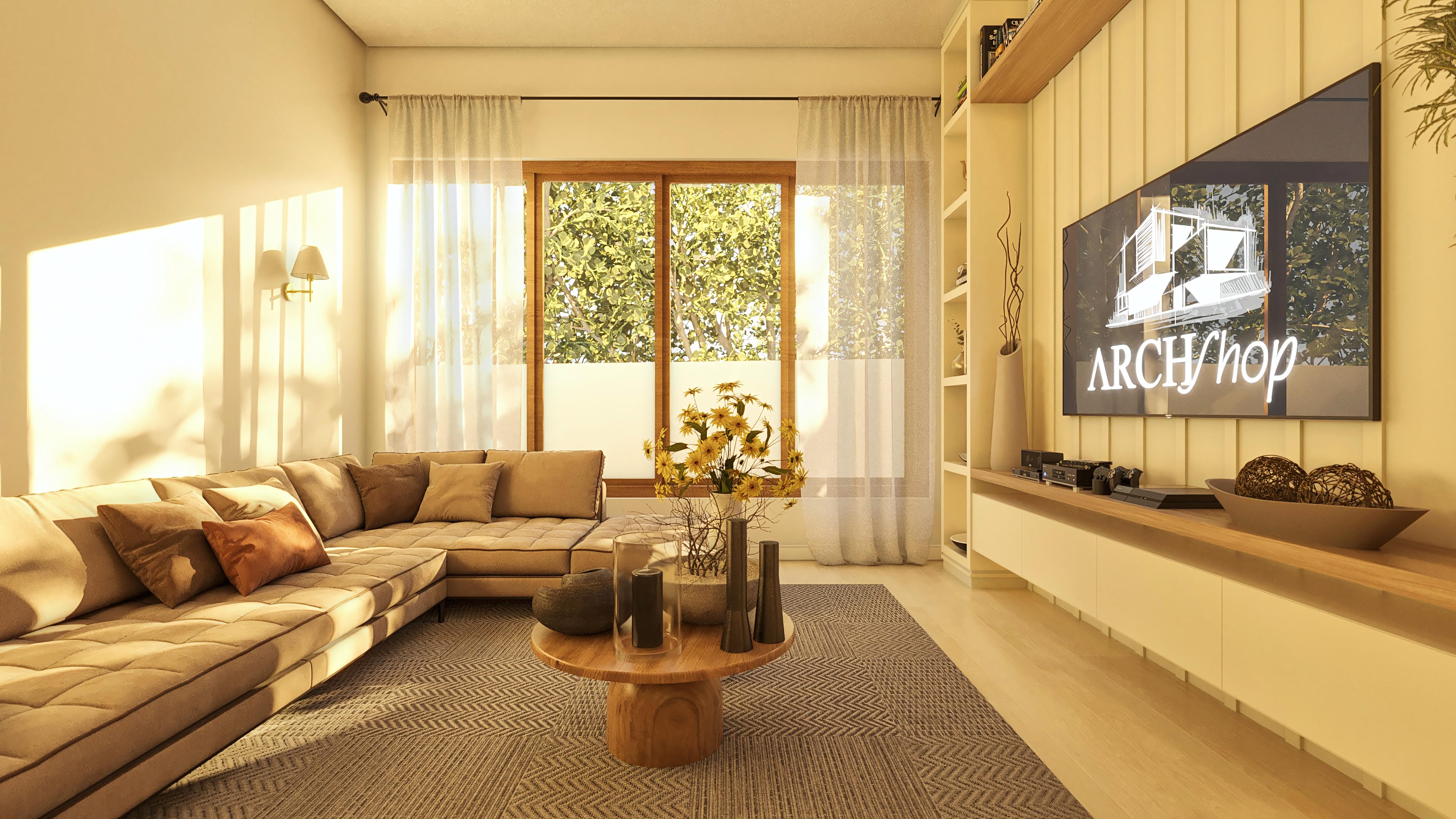 Interior of a modern living room with a beige L-shaped sofa, wooden coffee table, bookcase with niches and TV, light wood flooring, and large windows with a view of foliage.