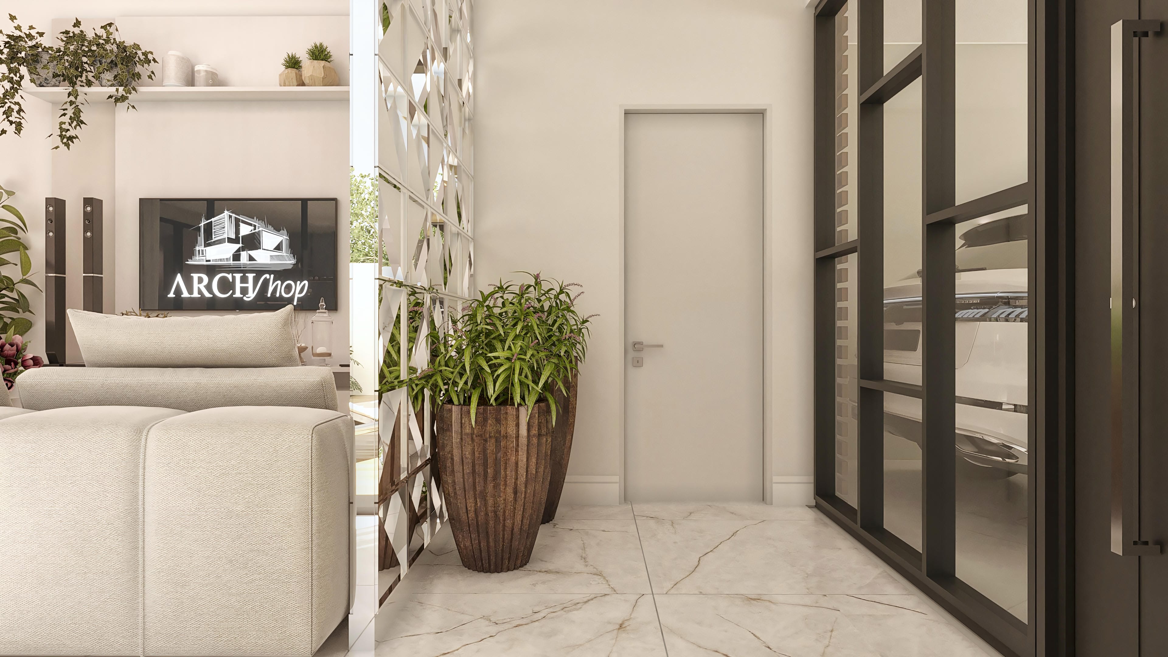 Interior detail of a modern two-story house with marbled porcelain tile flooring, divider with mirrors, white door, and access to the garage with glass doors.