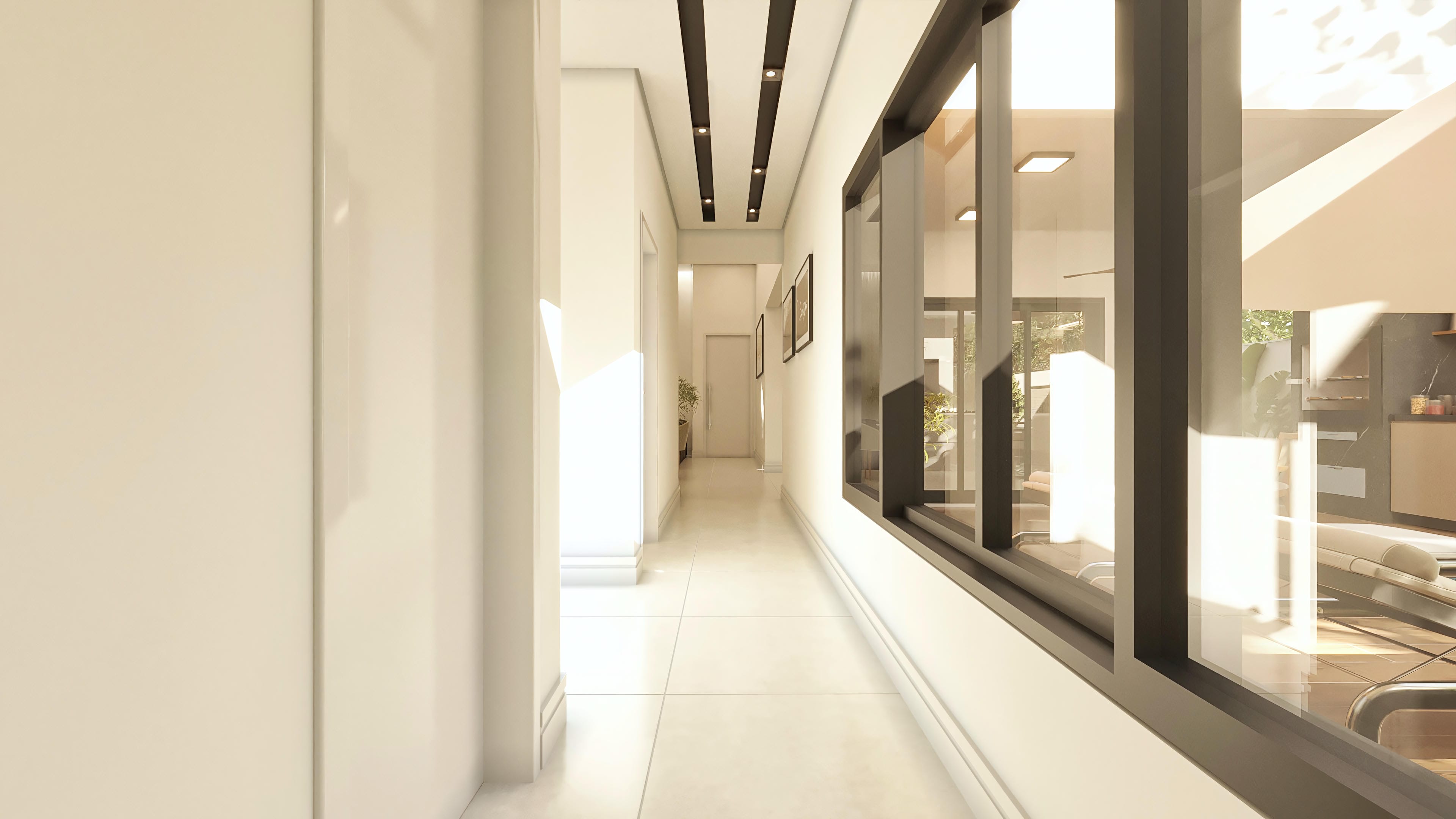 Pasillo interno de casa de una planta moderna, con iluminación empotrada en el techo, paredes claras y piso de porcelanato claro. Grandes marcos oscuros revelan un ambiente externo con piscina y área gourmet.