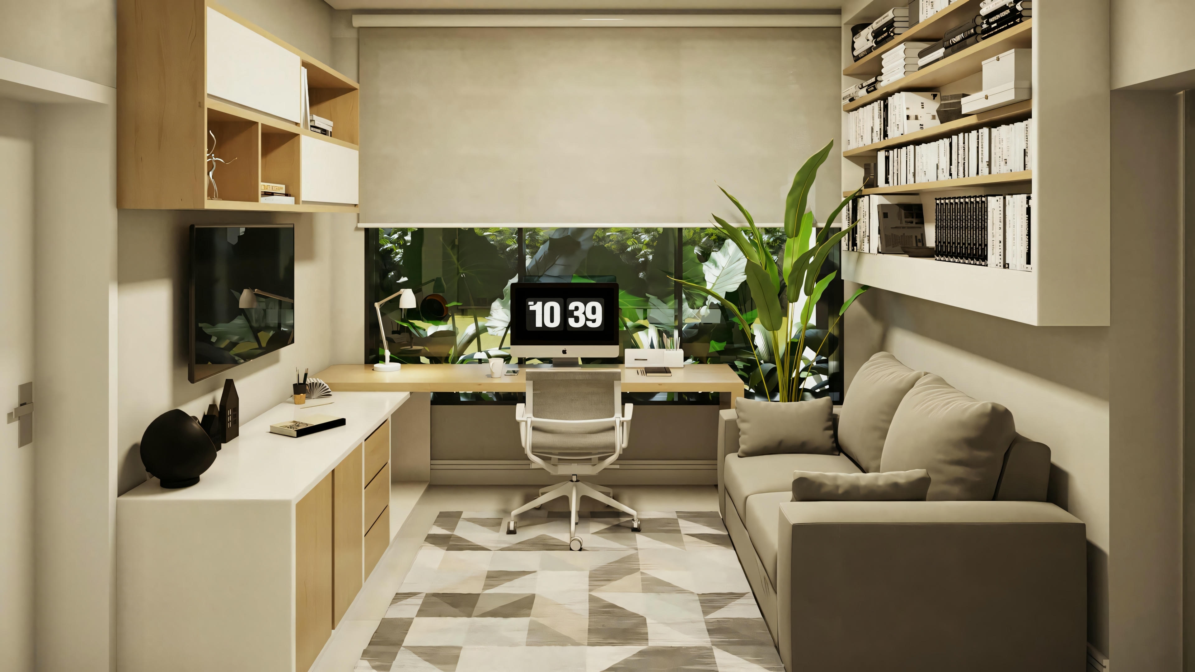 Planned home office in a ready-made modern house project with 3 suites. Ample view of the office with countertop, cabinets, shelves, sofa, and window with external view.