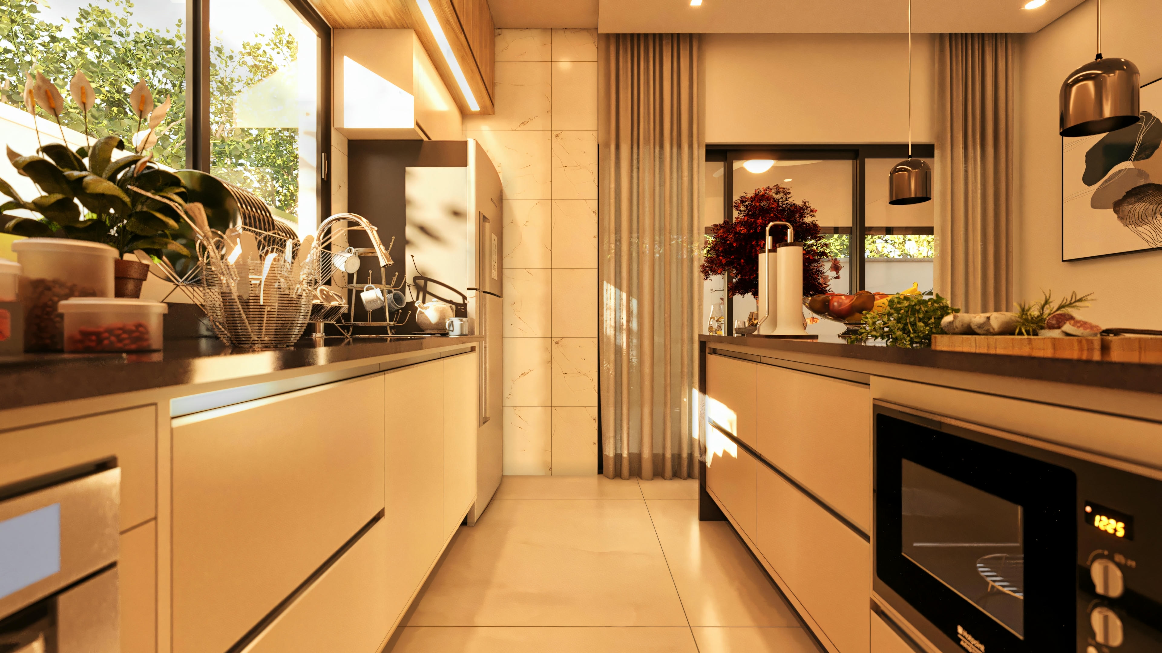 Modern and planned kitchen corridor, with light lower cabinets, dark countertops, built-in oven and microwave. View of a house with 3 bedrooms and 2 suites.