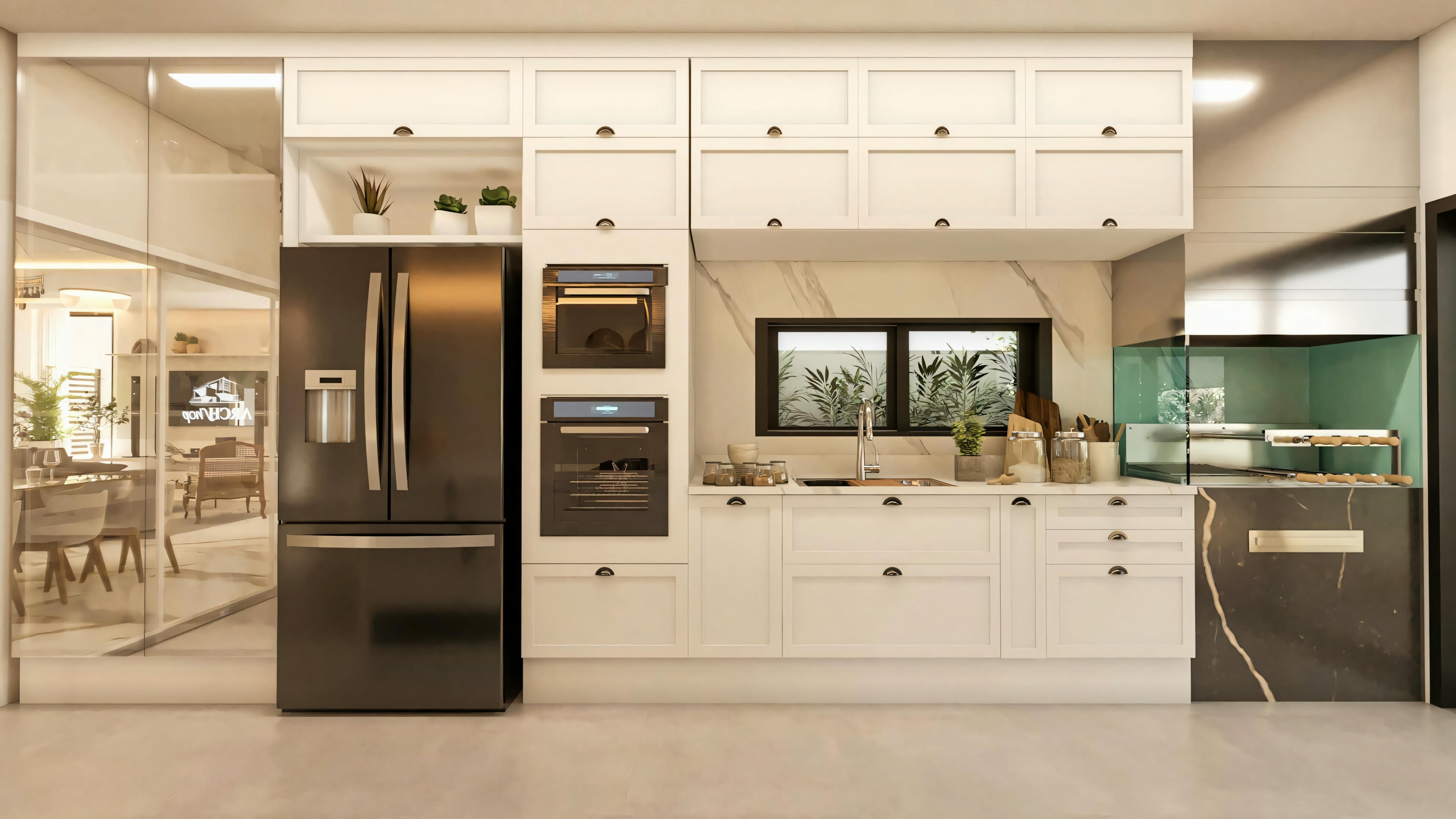 Detail of the planned kitchen and gourmet area of a 3-suite two-story house, showing white cabinets, a dark side-by-side refrigerator, built-in oven tower, countertop and backsplash in light stone, and a gourmet niche on the right.