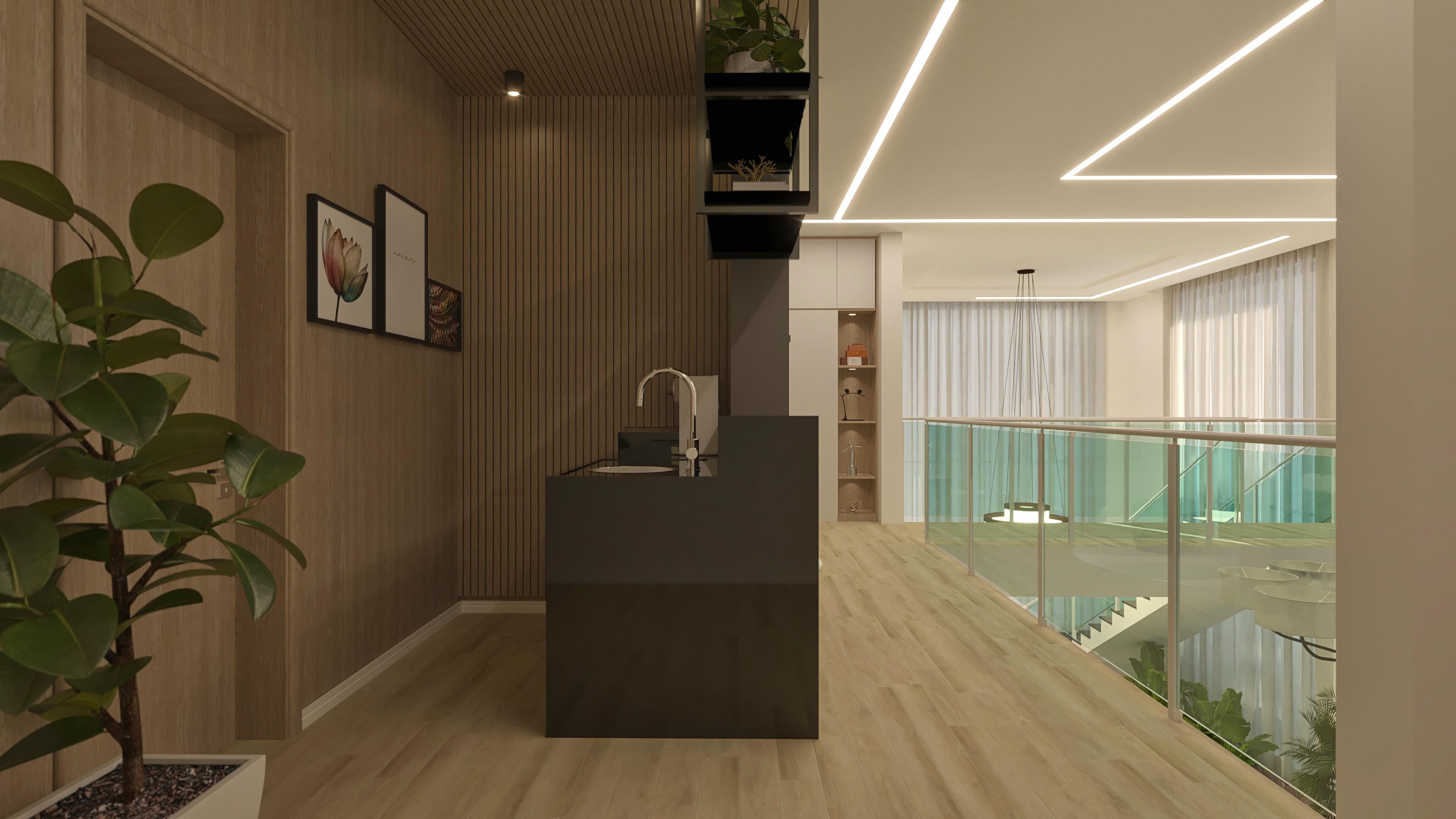 Interior moderno con encimera oscura, carpintería amaderada e iluminación LED, con vista al área con barandilla de cristal y escalera.